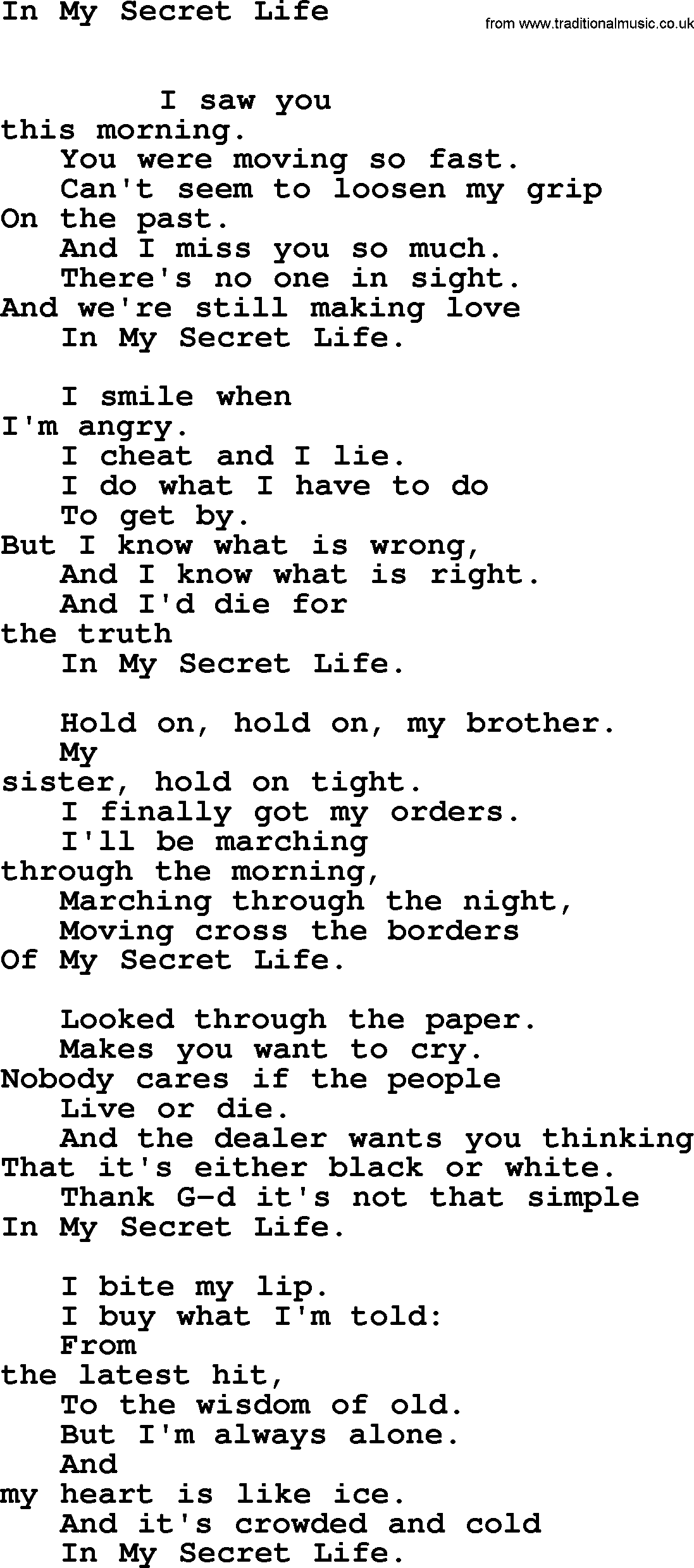 Leonard Cohen song My Secret Life-leonard-cohen.txt lyrics