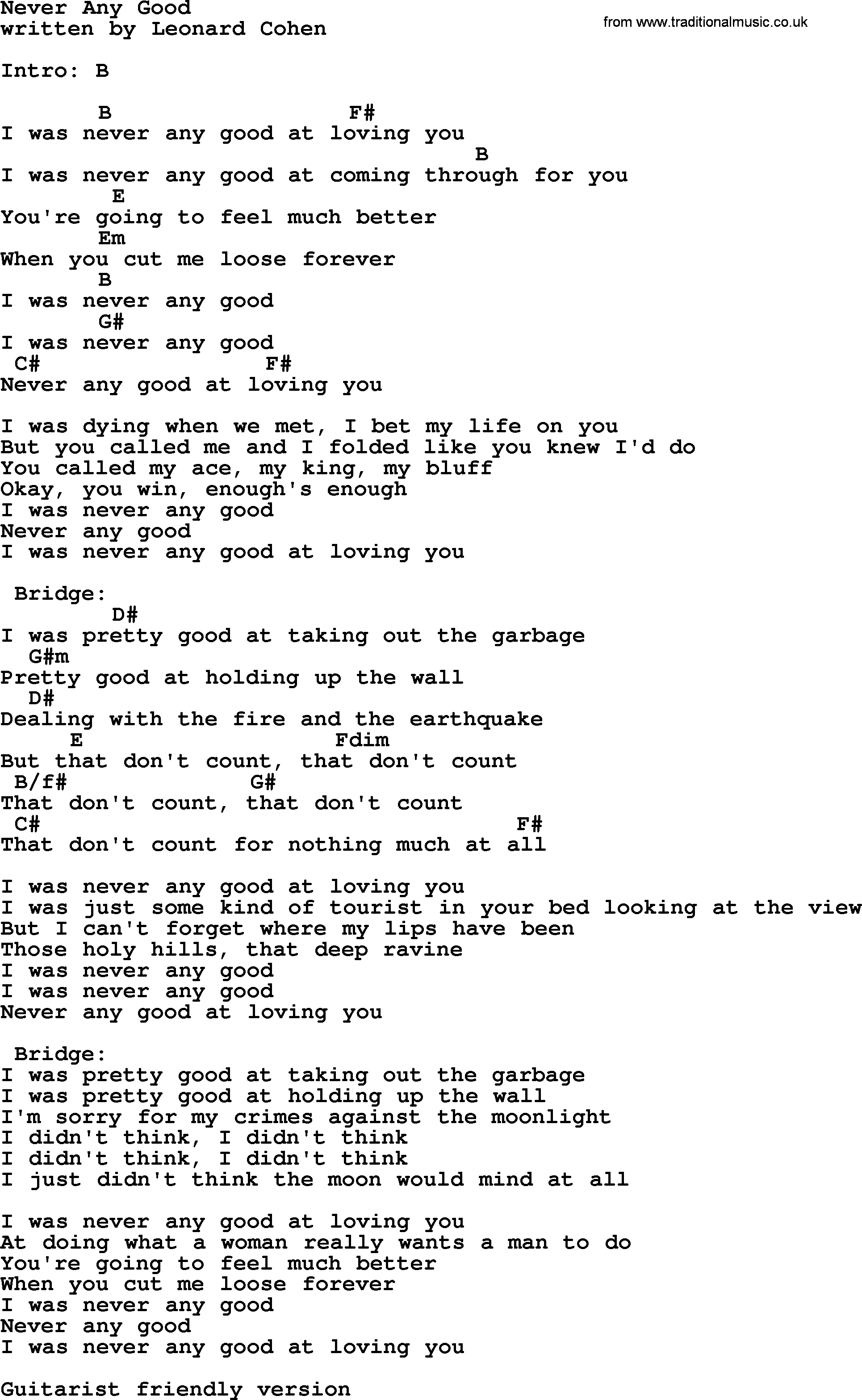 Leonard Cohen song Never Any Good, lyrics and chords