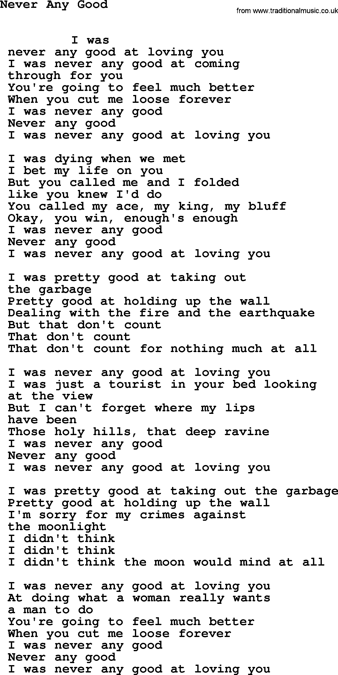 Leonard Cohen song Never Any Good-leonard-cohen.txt lyrics