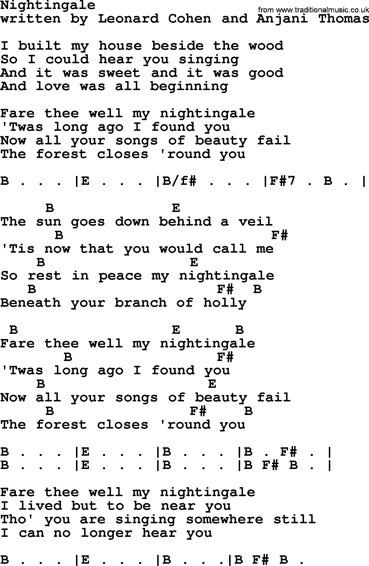 Leonard Cohen song Nightingale, lyrics and chords