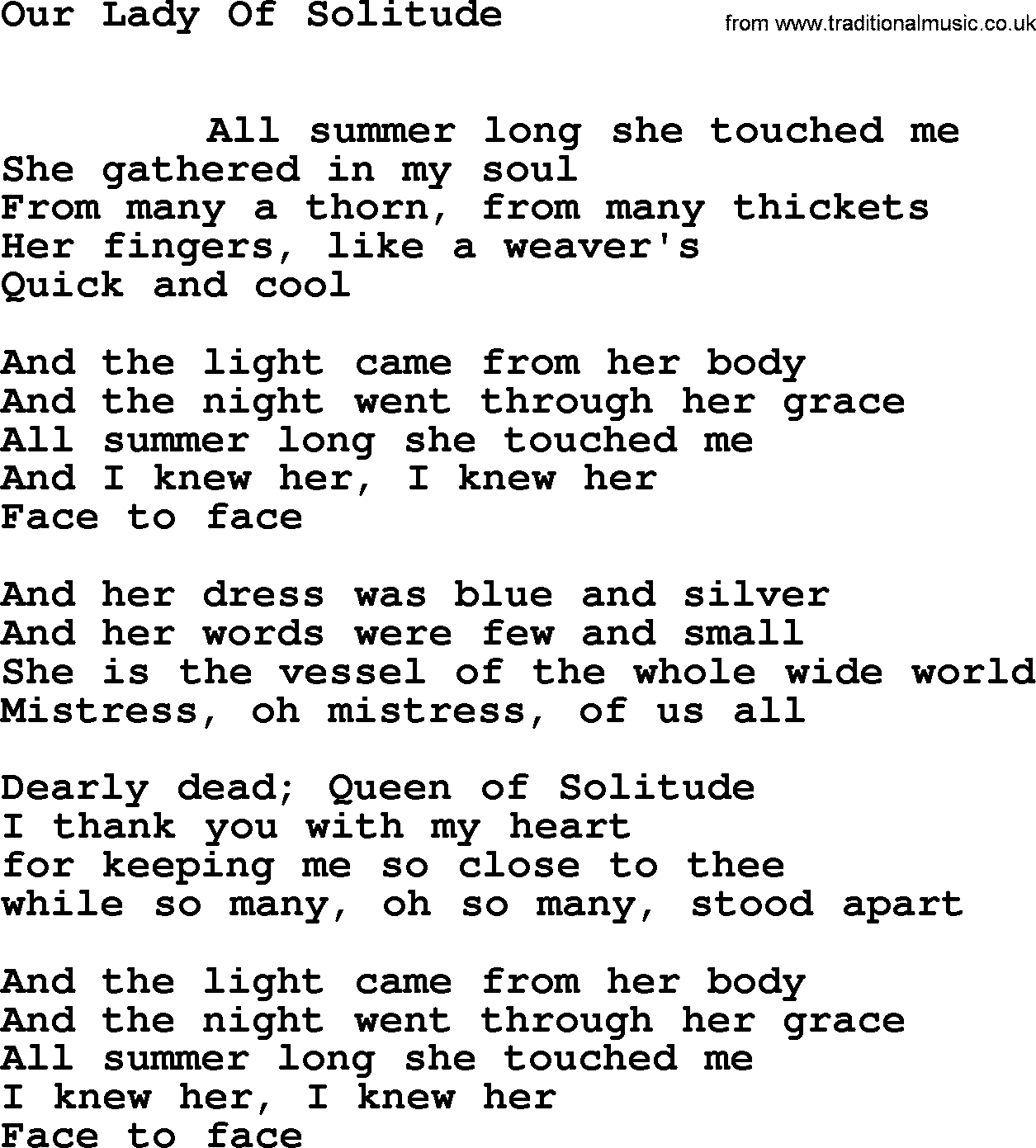Leonard Cohen song Our Lady Solitude-leonard-cohen.txt lyrics