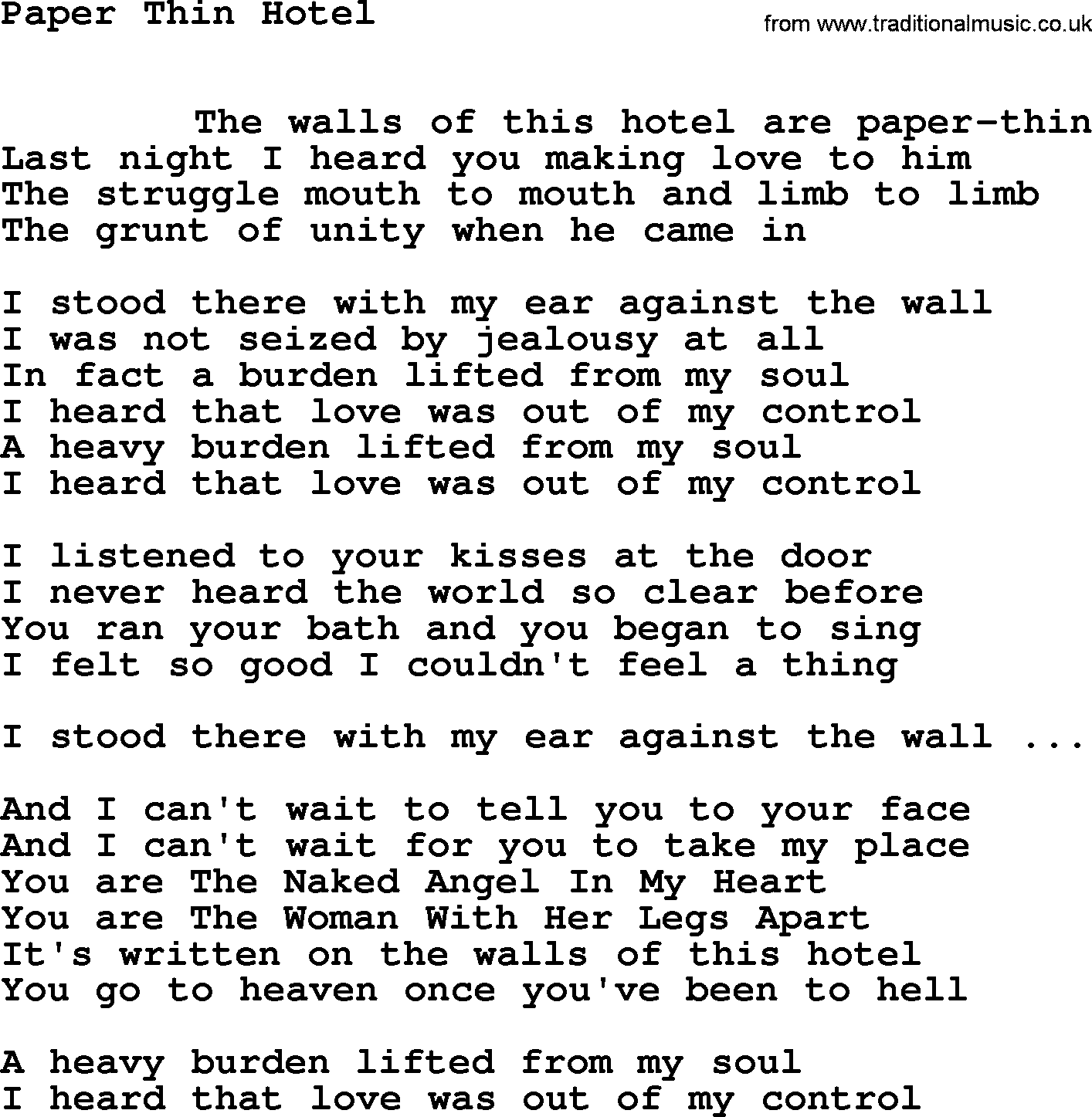 Leonard Cohen song Paper Thin Hotel-leonard-cohen.txt lyrics