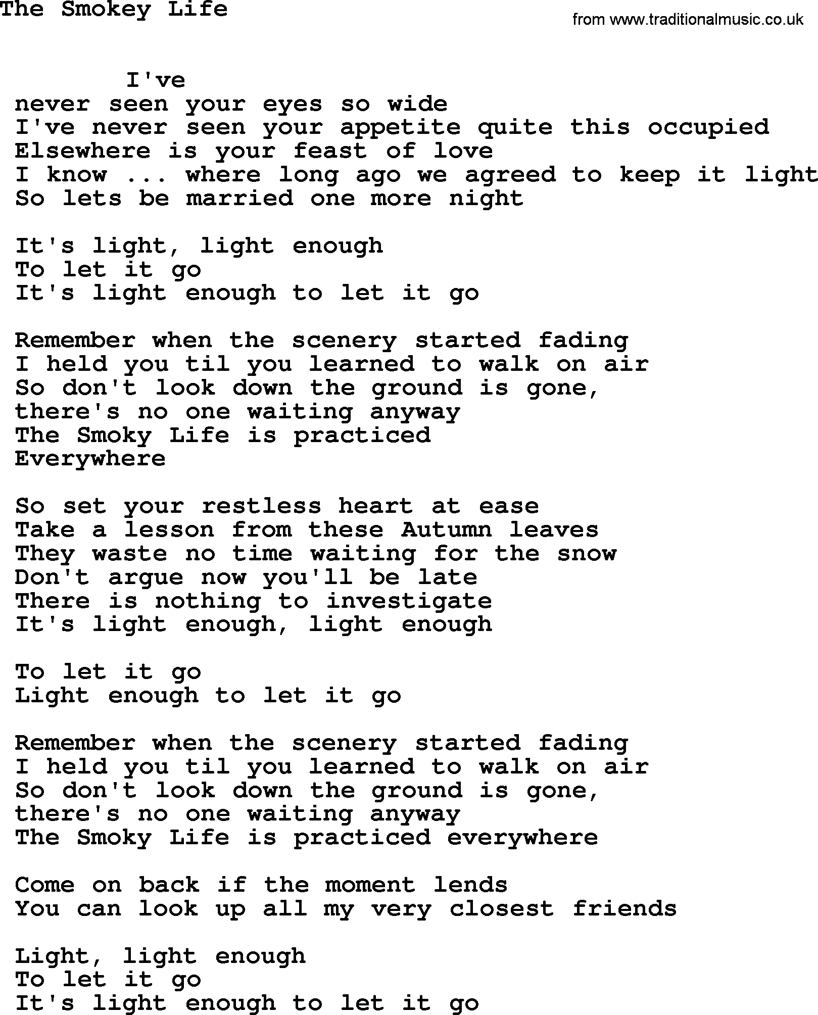 Leonard Cohen song Smokey Life-leonard-cohen.txt lyrics