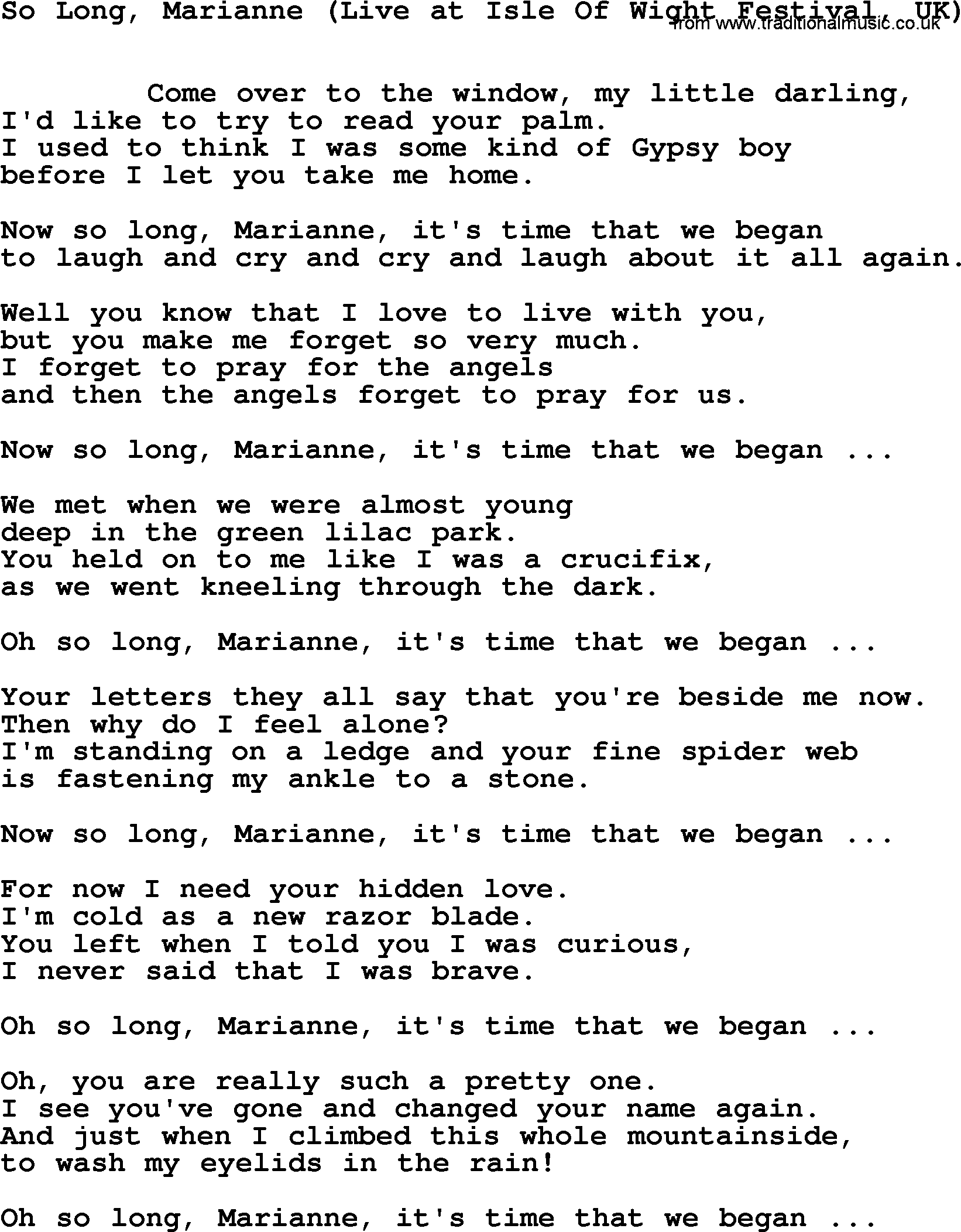 Leonard Cohen song So Long Marianne(Isle Wight Festiva)-leonard-cohen.txt lyrics