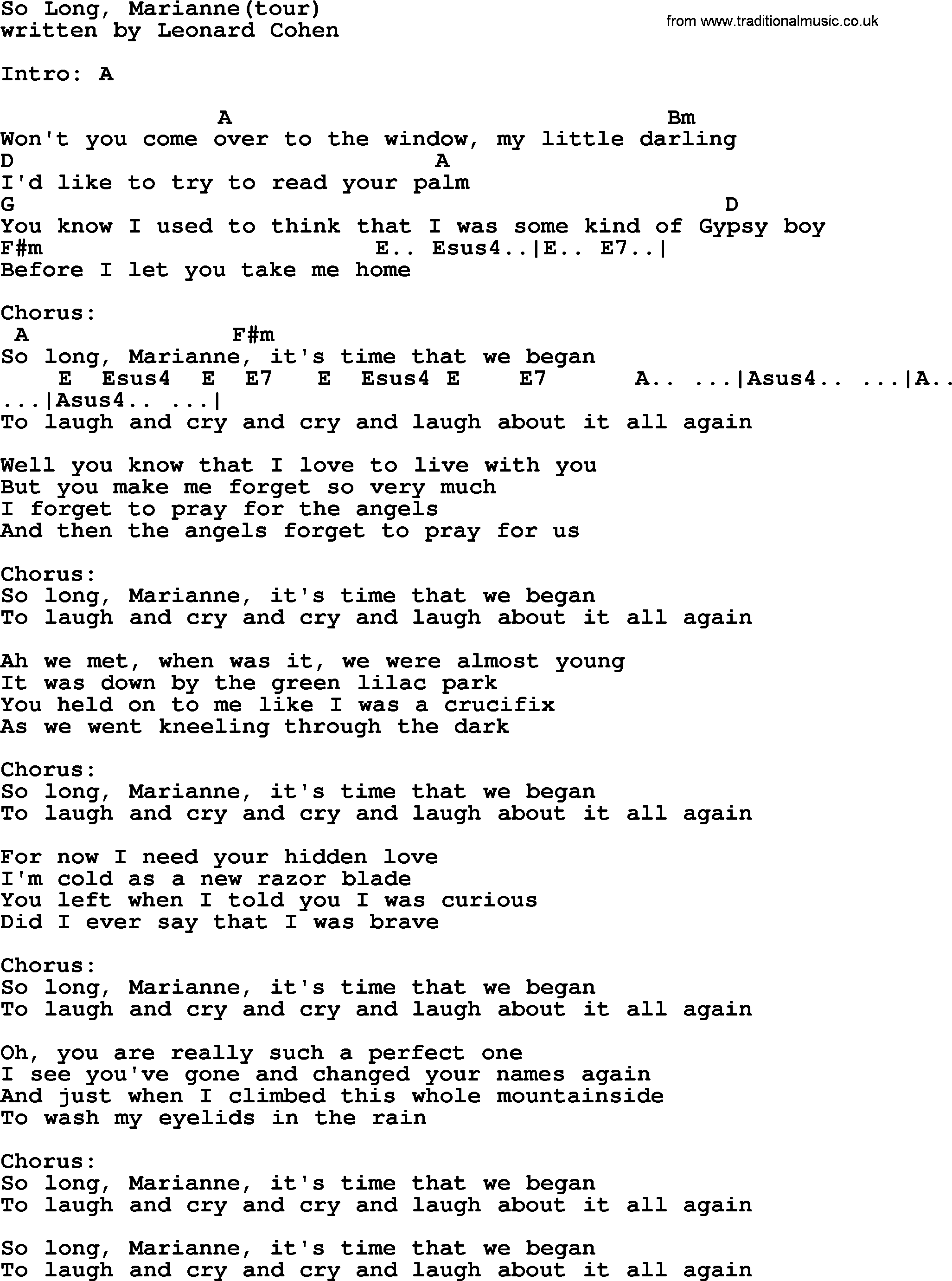 Leonard Cohen song So Long Marianne(tour), lyrics and chords