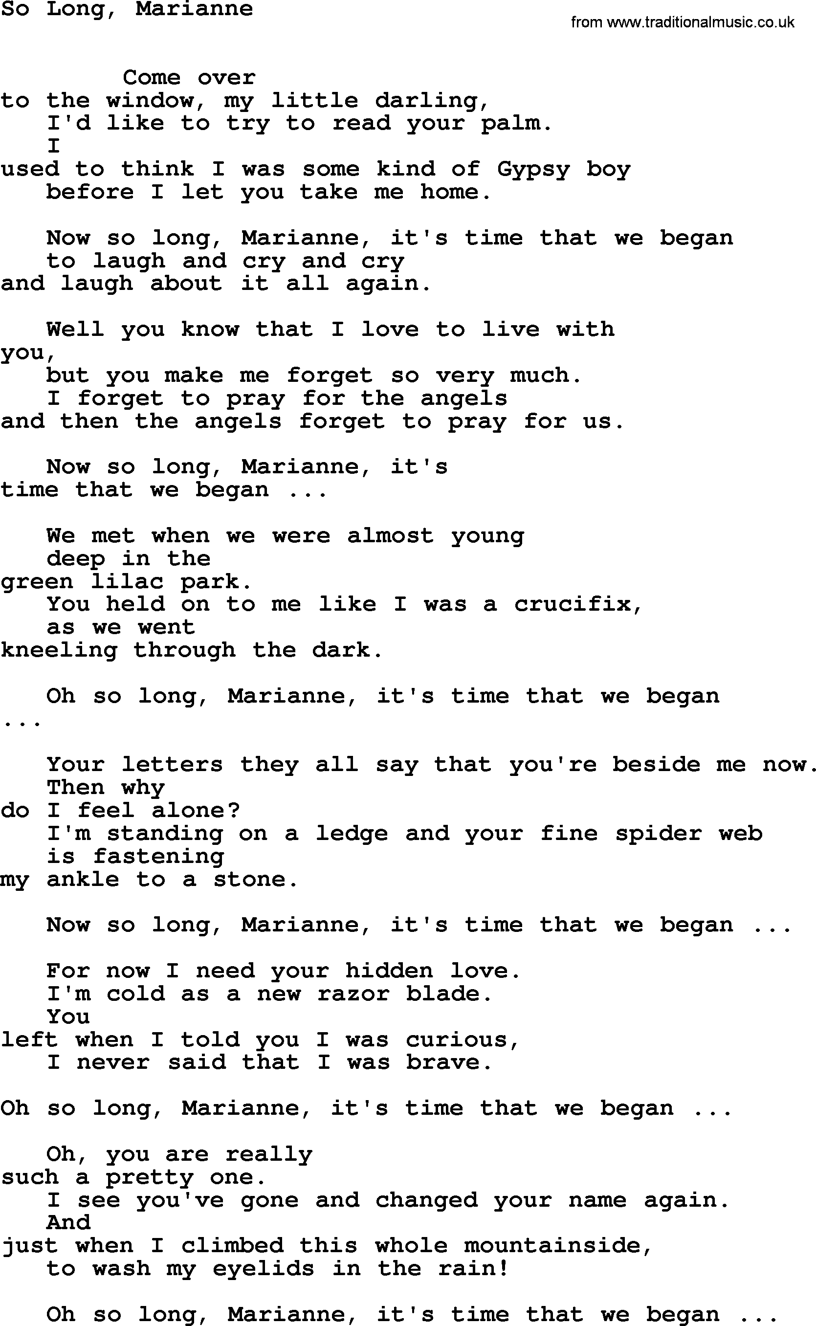 Leonard Cohen song So Long Marianne-leonard-cohen.txt lyrics