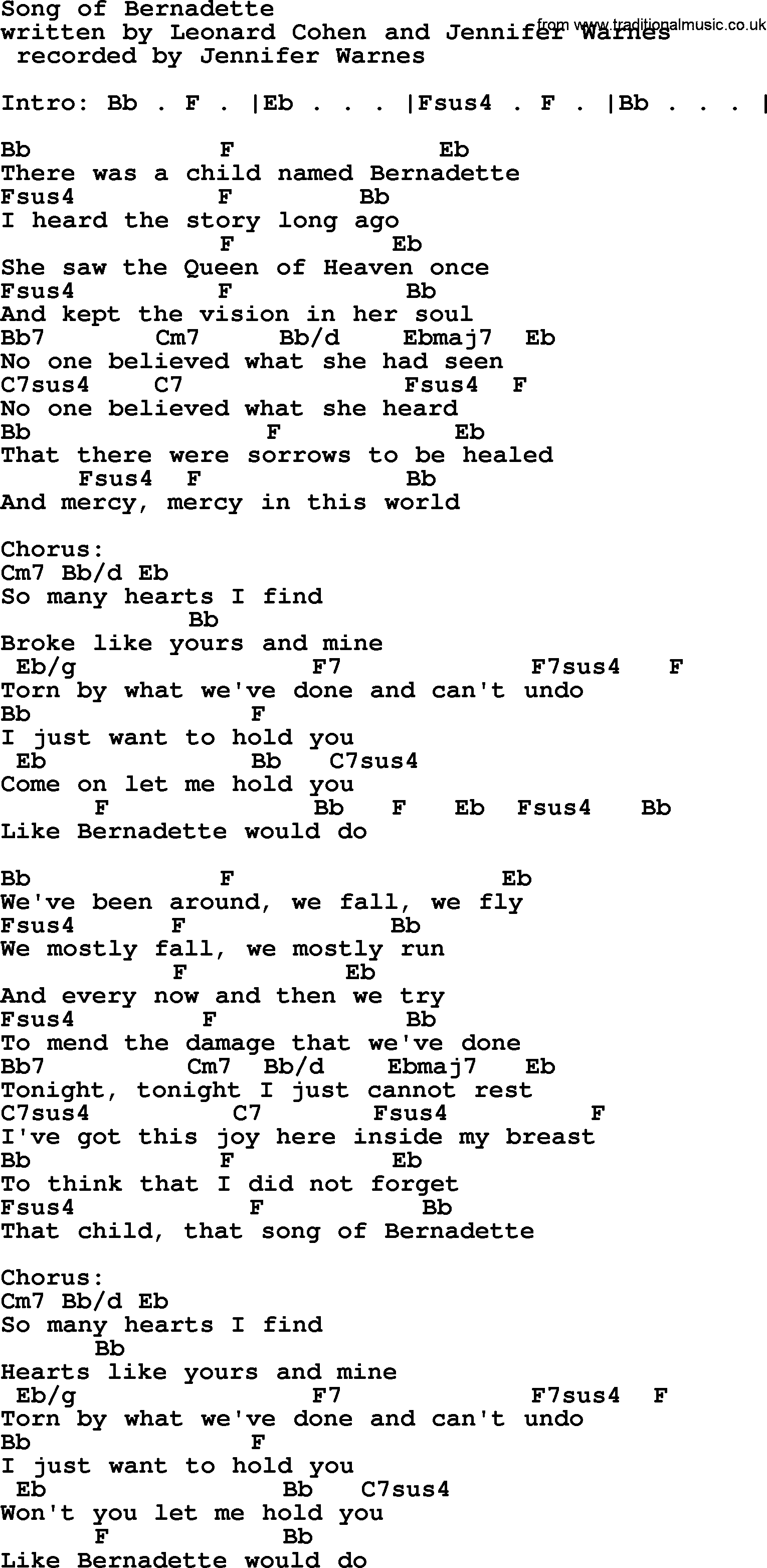 Leonard Cohen song Song Of Bernadette, lyrics and chords
