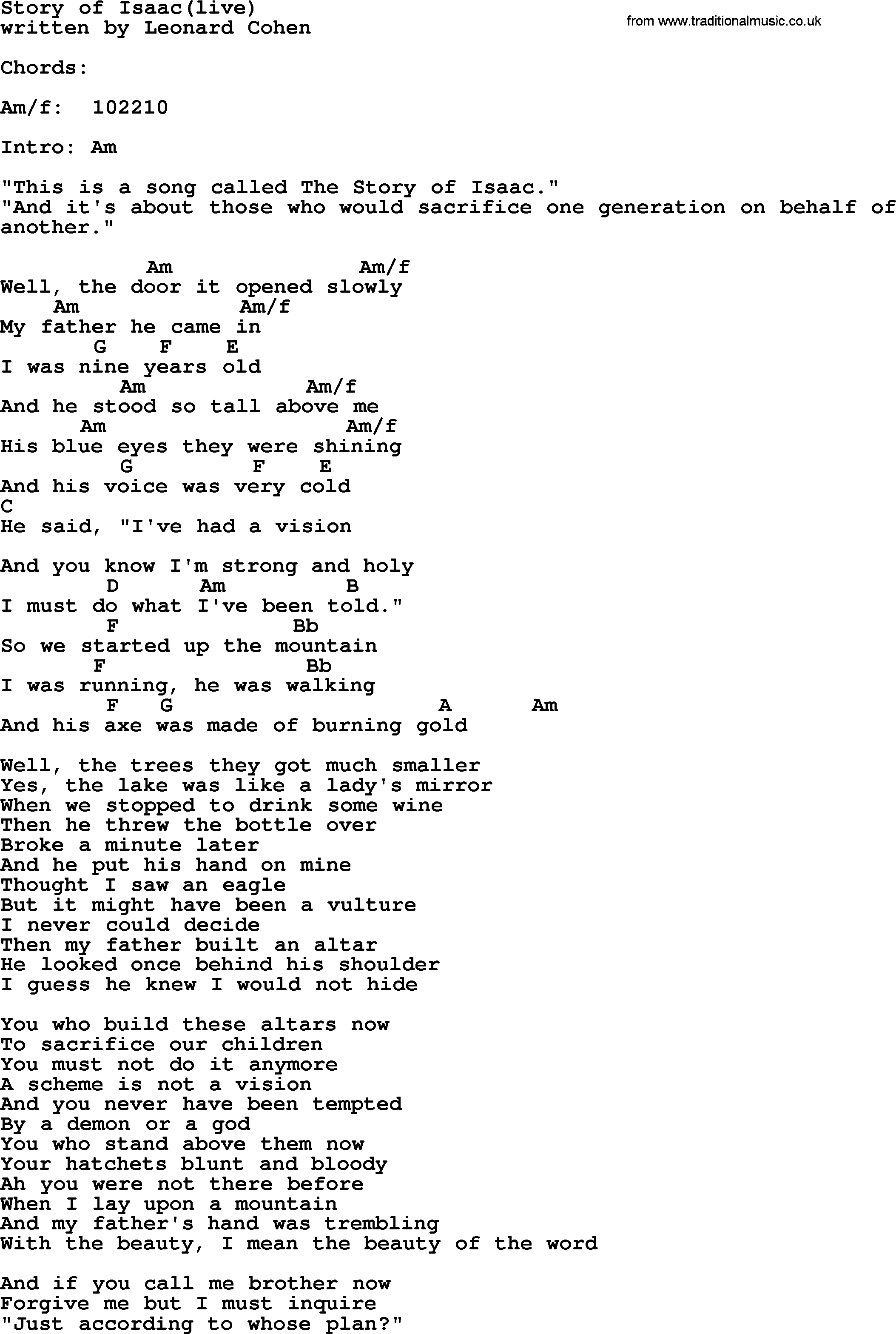 Leonard Cohen song Story Of Isaac(live), lyrics and chords