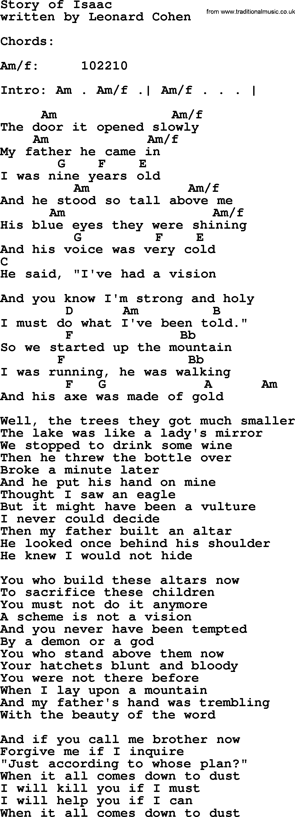 Leonard Cohen song Story Of Isaac, lyrics and chords