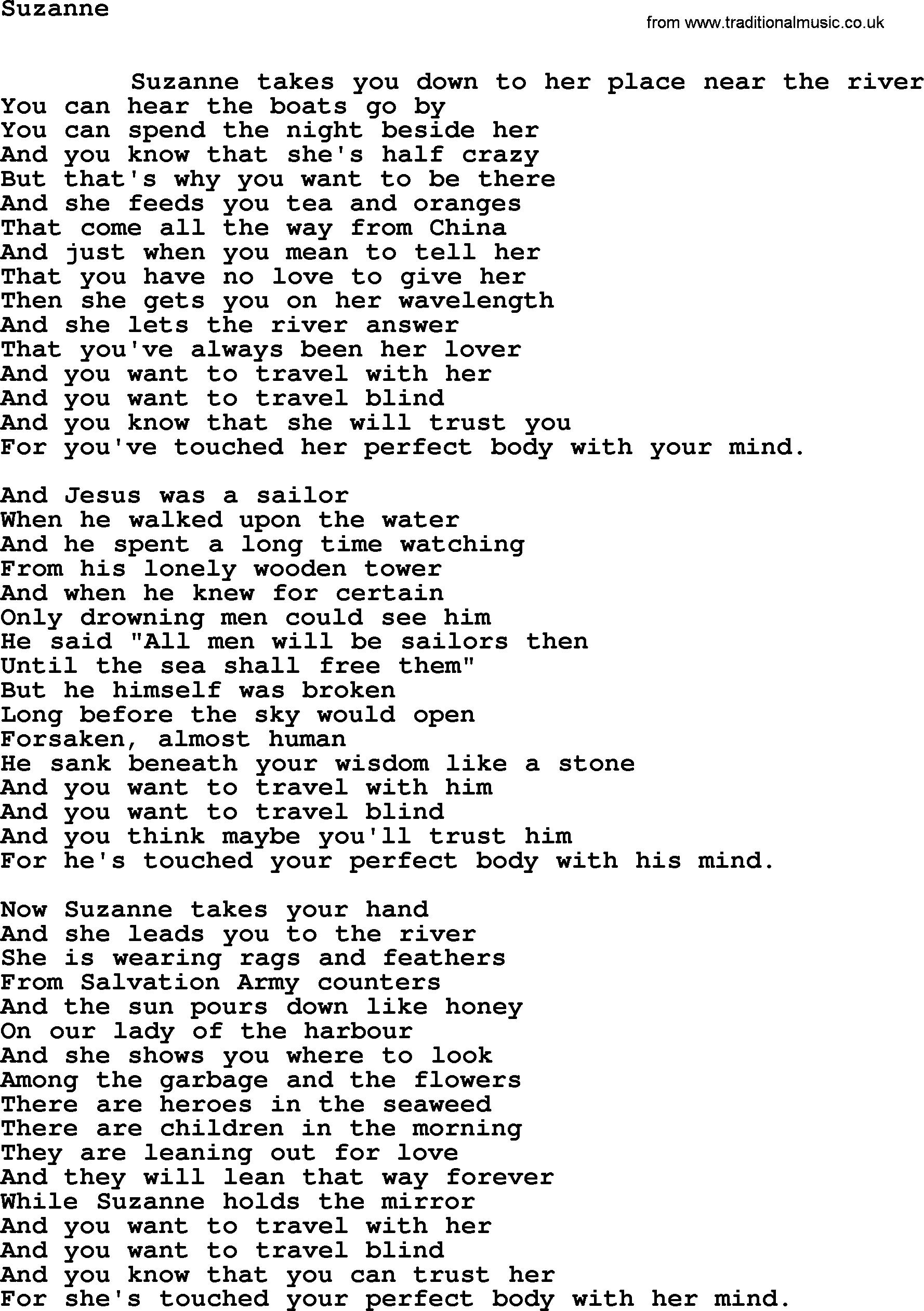 Leonard Cohen song Suzanne-leonard-cohen.txt lyrics
