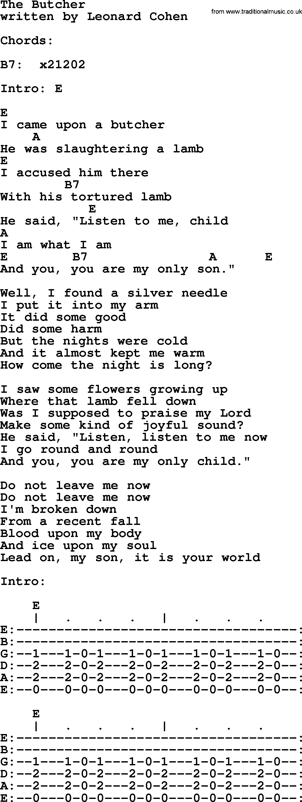 Leonard Cohen song The Butcher, lyrics and chords