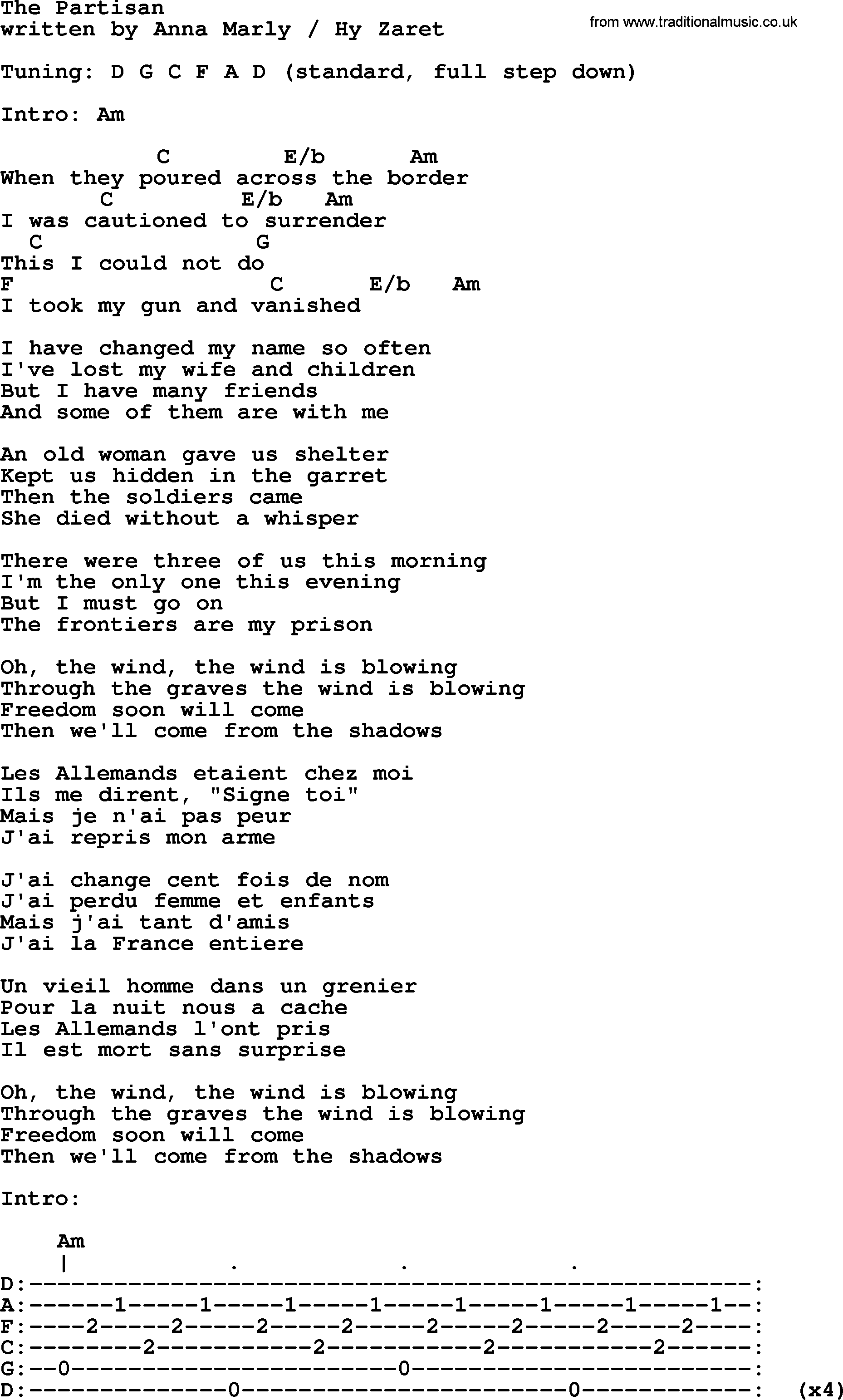Leonard Cohen song The Partisan, lyrics and chords