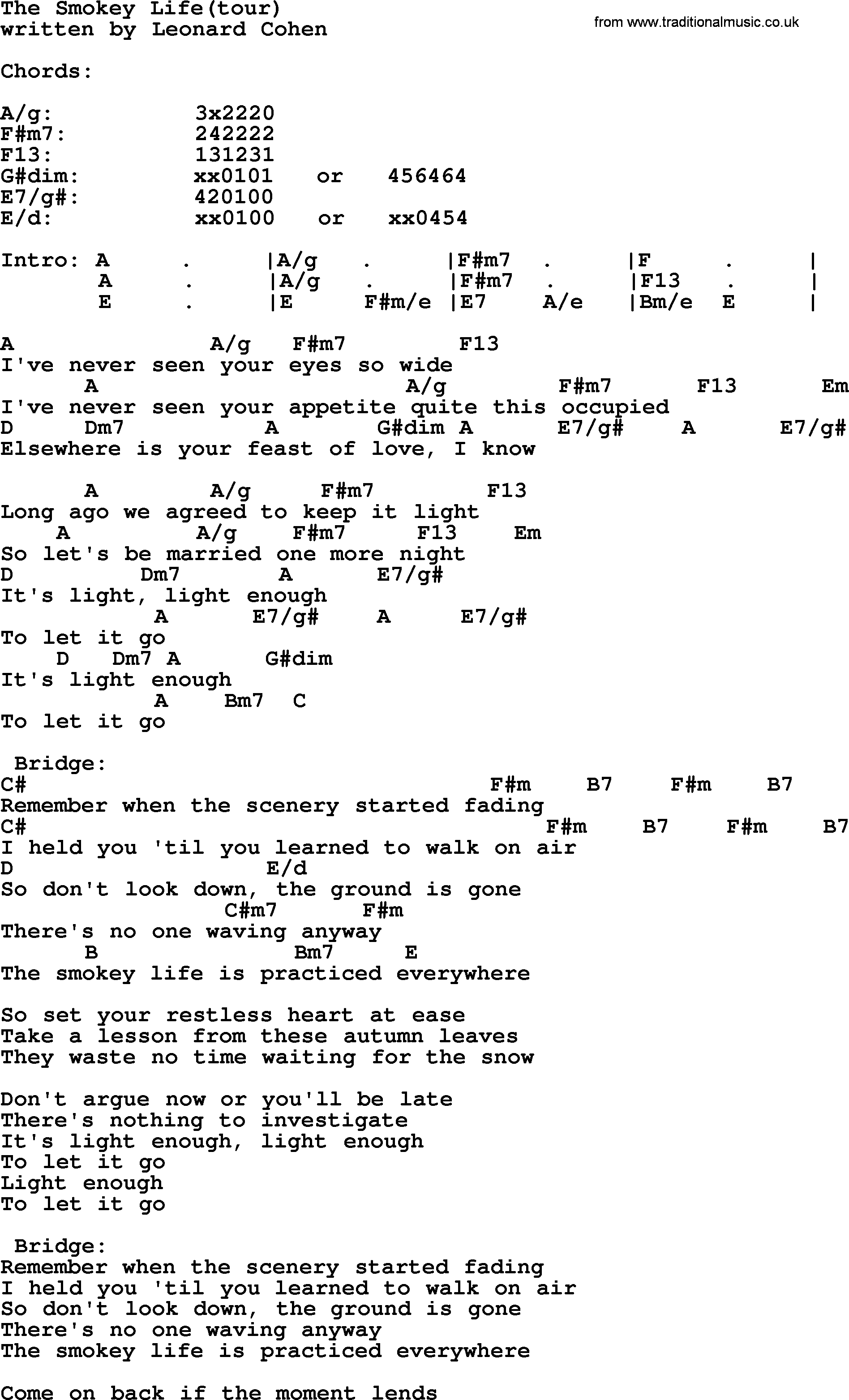 Leonard Cohen song The Smokey Life(tour), lyrics and chords