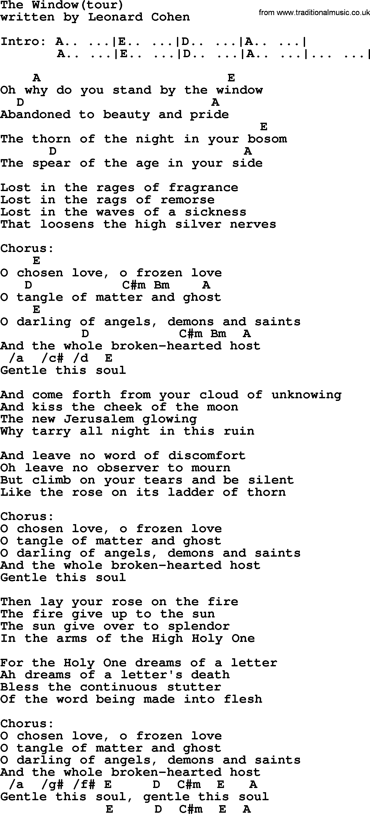 Leonard Cohen song The Window(tour), lyrics and chords