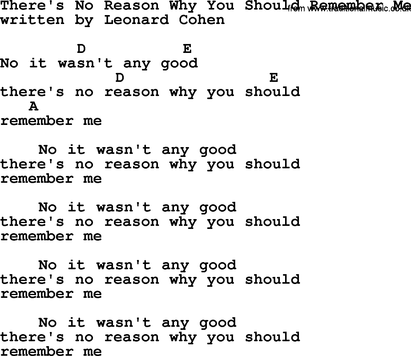 Leonard Cohen song Theres No Reason Why You Should Remember Me, lyrics and chords