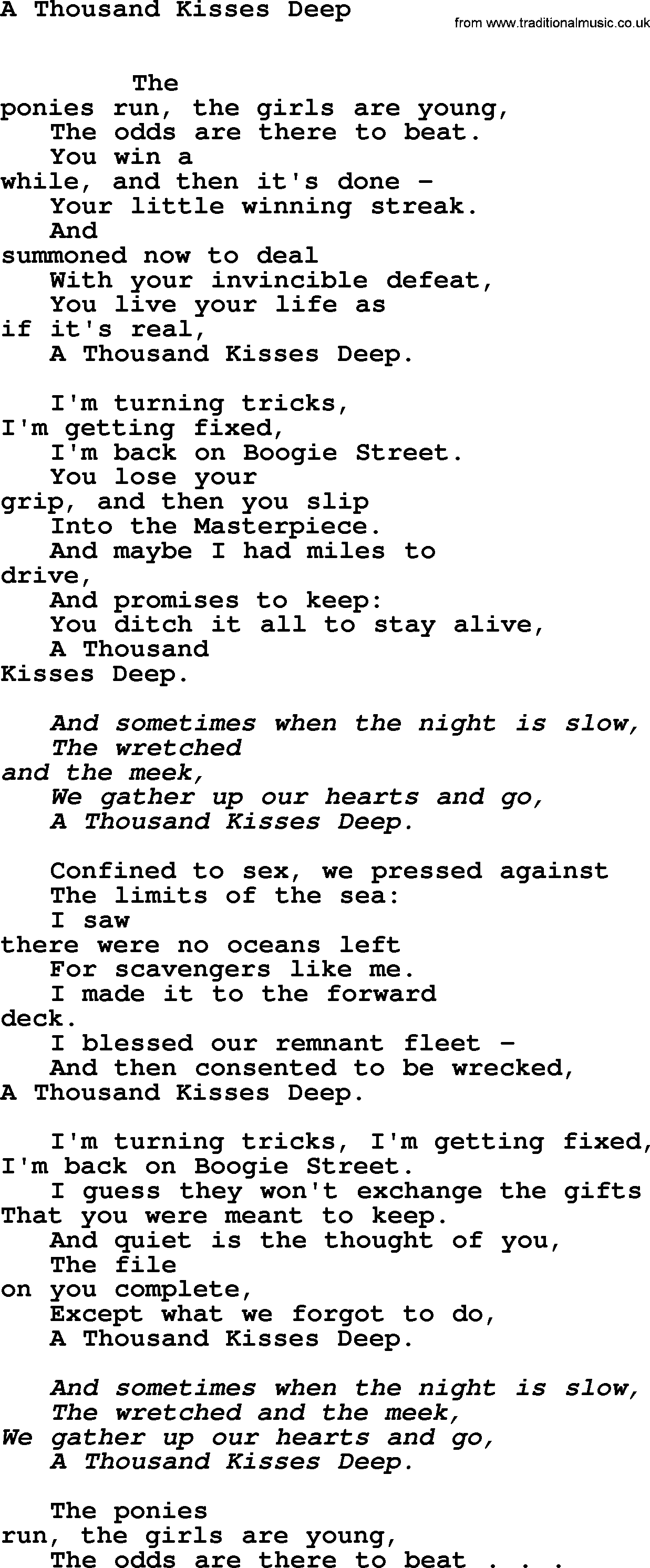 Leonard Cohen song Thousand Kisses Deep-leonard-cohen.txt lyrics