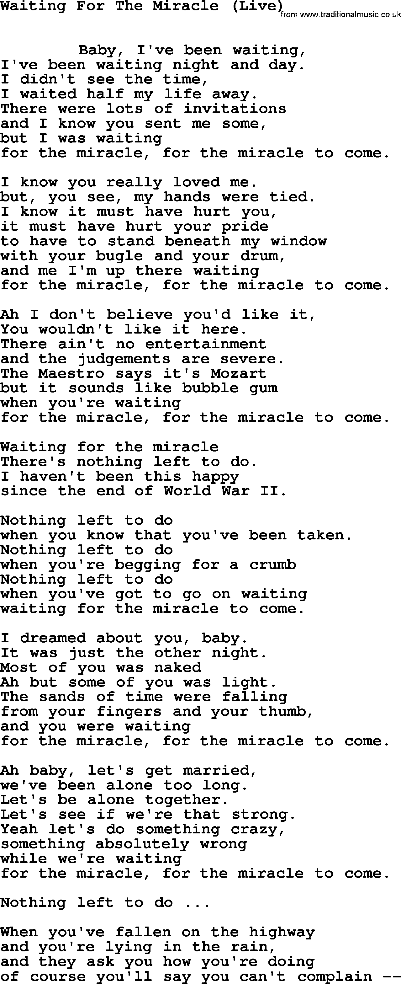Leonard Cohen song Waiting Miracle(Live)-leonard-cohen.txt lyrics