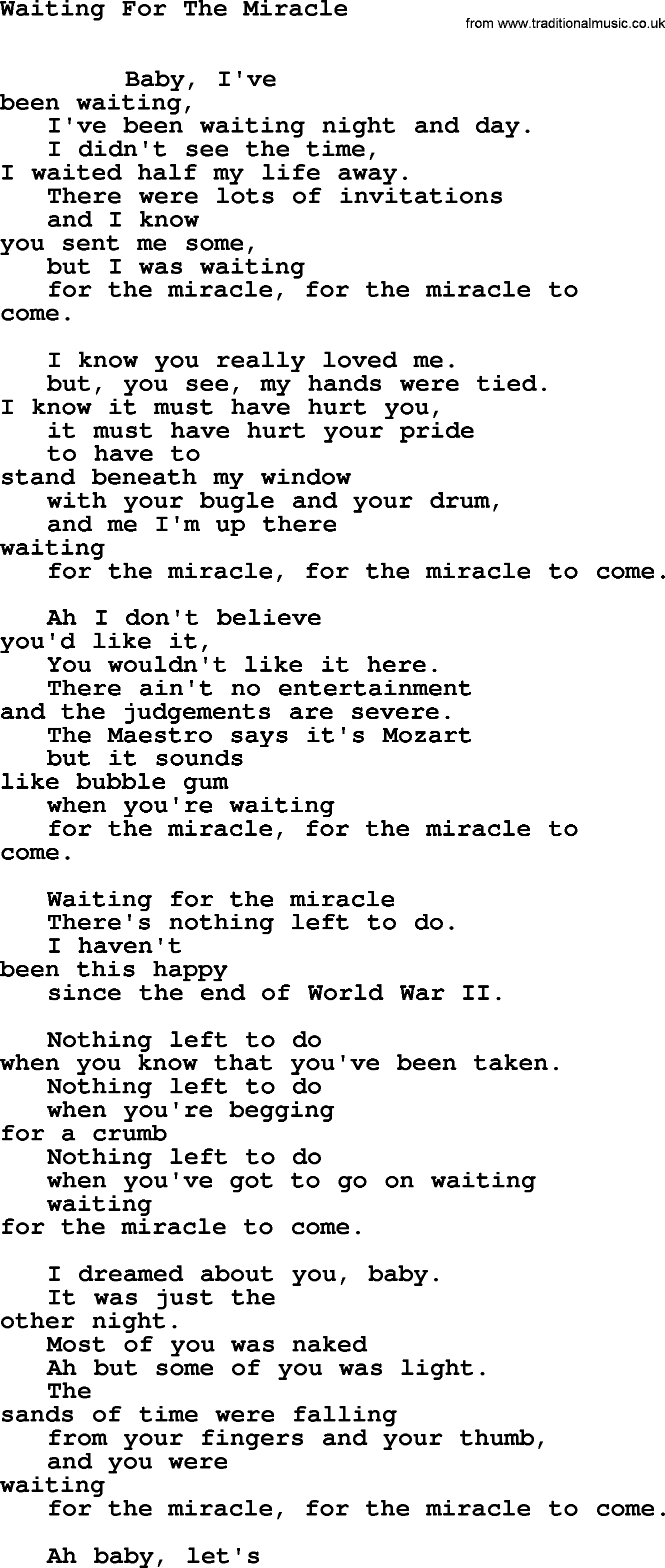 Leonard Cohen song Waiting Miracle-leonard-cohen.txt lyrics