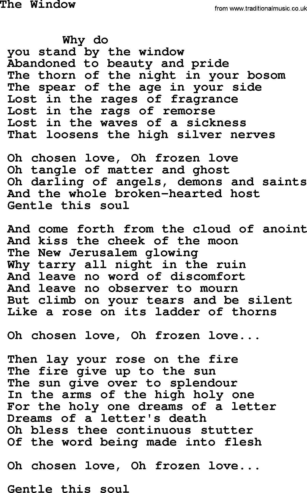 Leonard Cohen song Window-leonard-cohen.txt lyrics