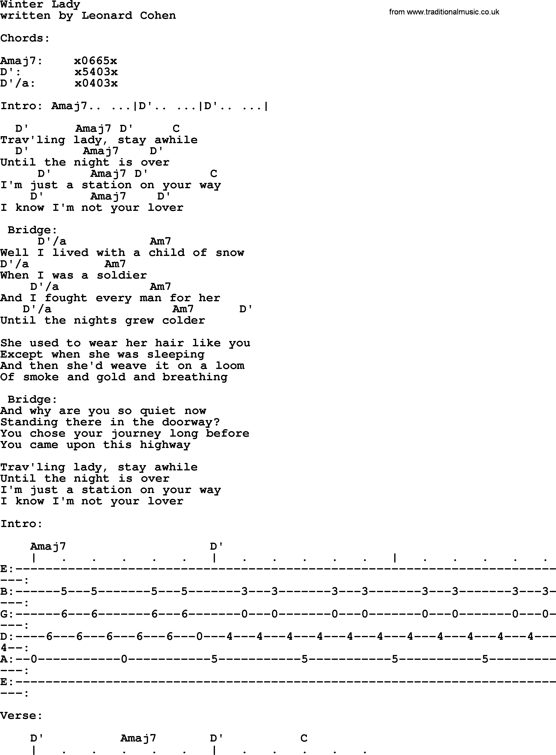 Leonard Cohen song Winter Lady, lyrics and chords
