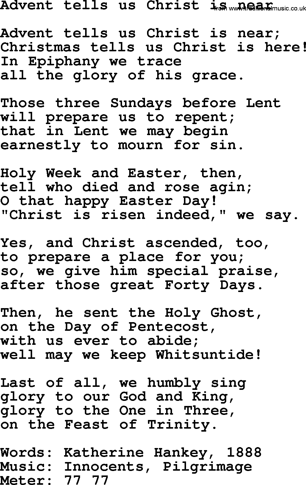 Book of Common Praise Hymn: Advent Tells Us Christ Is Near.txt lyrics with midi music