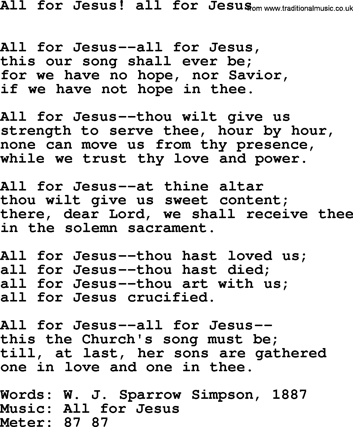 Book of Common Praise Hymn: All For Jesus! All For Jesus.txt lyrics with midi music