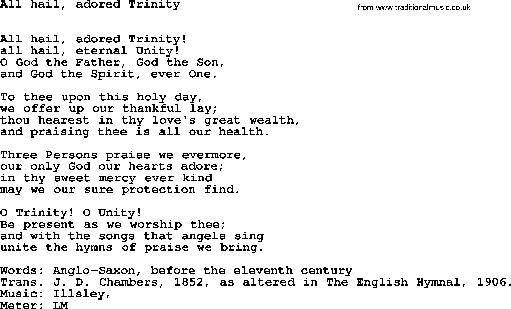 Book of Common Praise Hymn: All Hail, Adored Trinity.txt lyrics with midi music