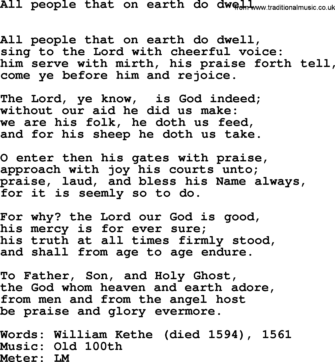 Book of Common Praise Hymn: All People That On Earth Do Dwell.txt lyrics with midi music