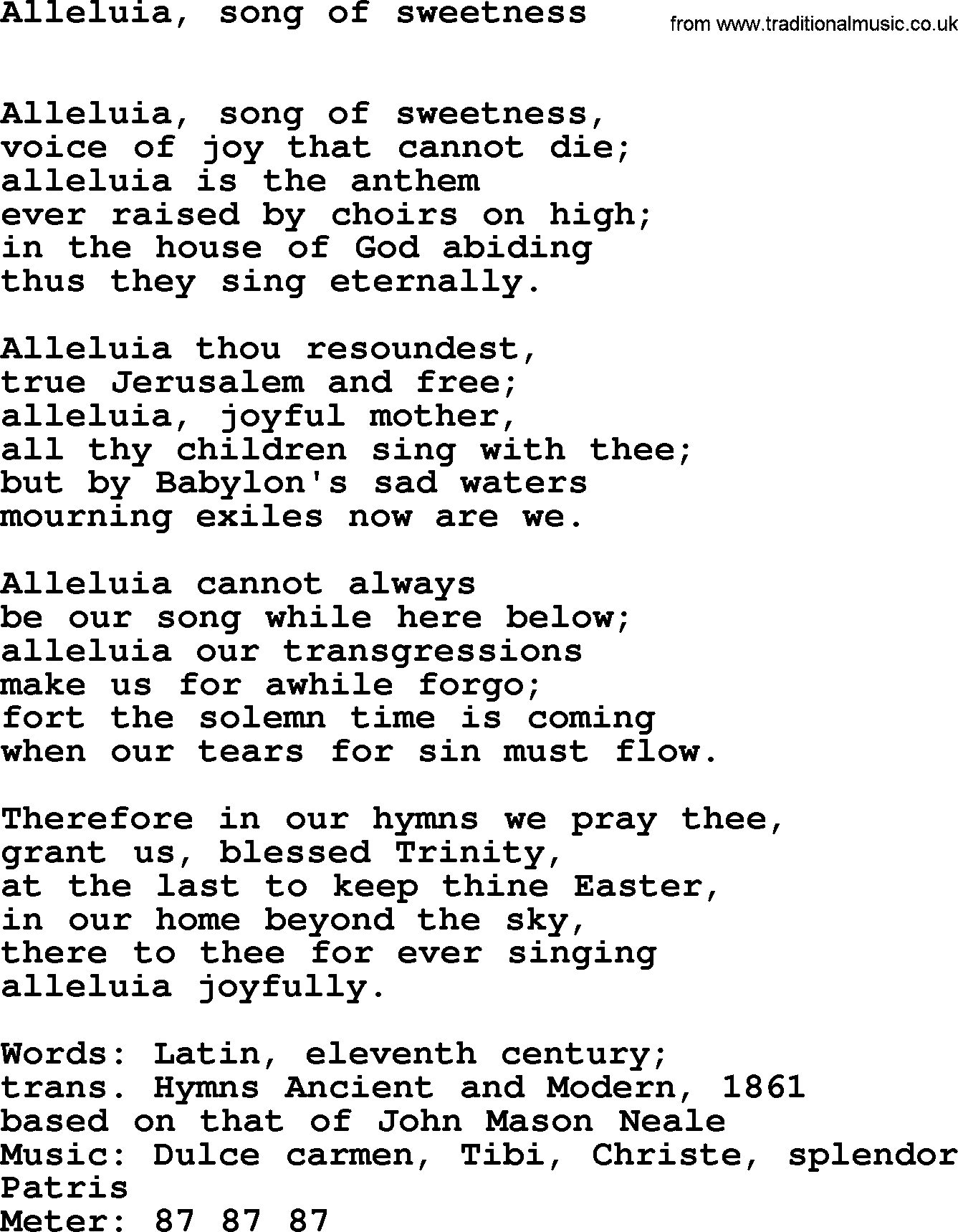 Book of Common Praise Hymn: Alleluia, Song Of Sweetness.txt lyrics with midi music