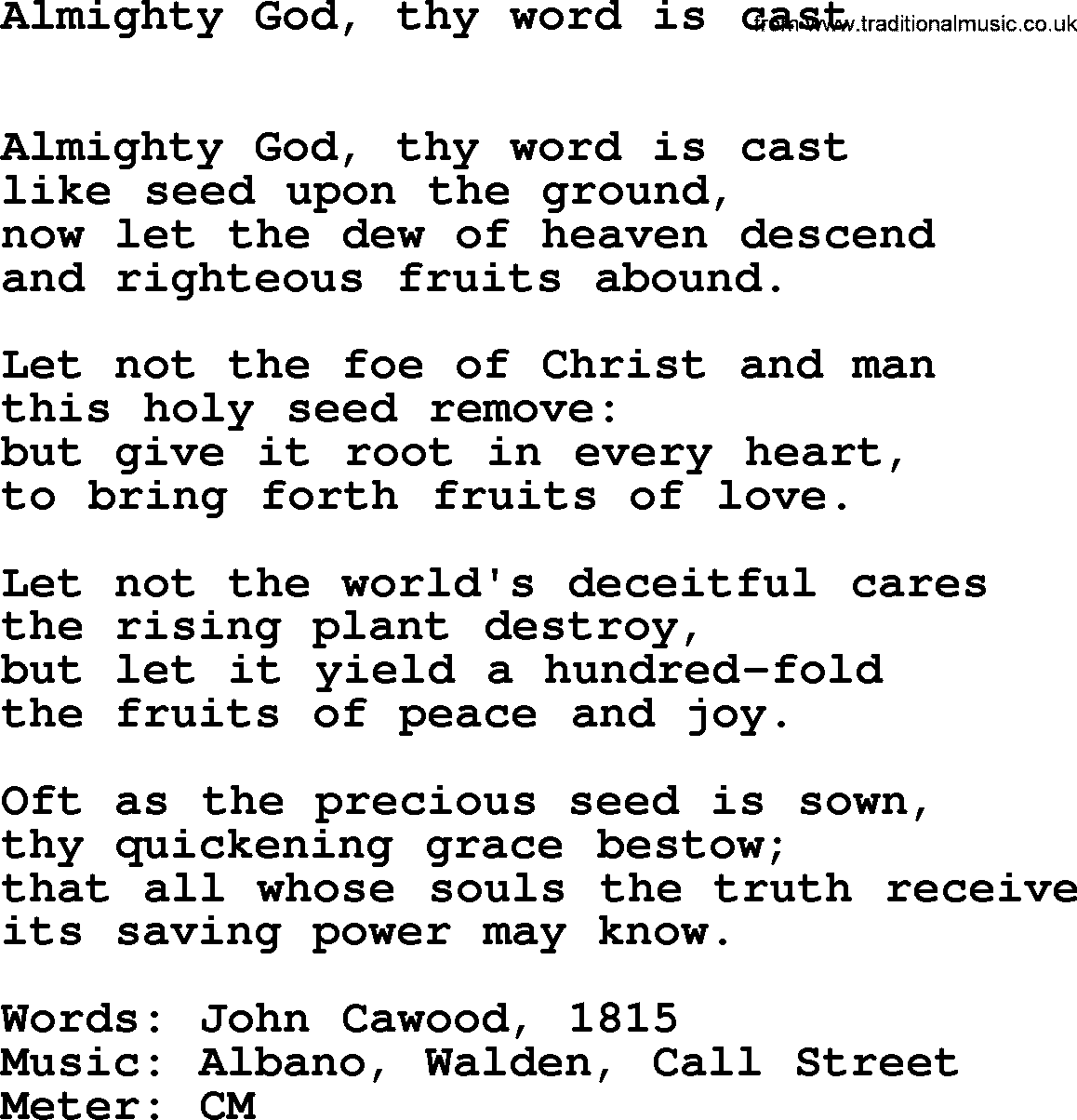 Book of Common Praise Hymn: Almighty God, Thy Word Is Cast.txt lyrics with midi music