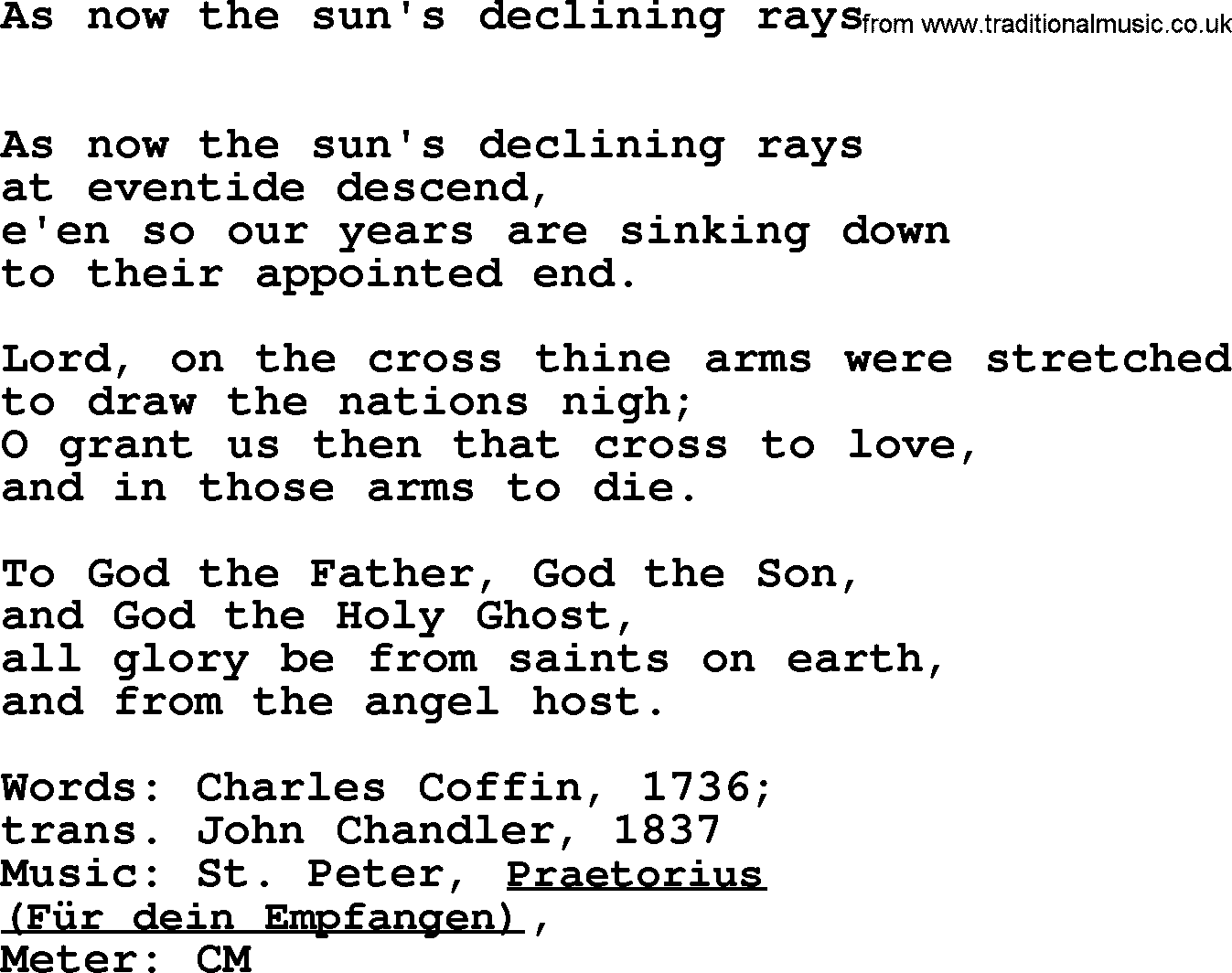 Book of Common Praise Hymn: As Now The Sun's Declining Rays.txt lyrics with midi music