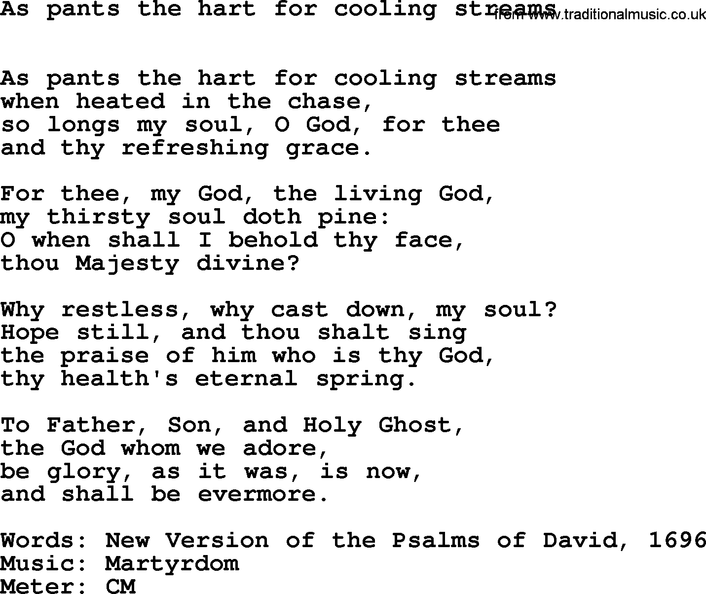 Book of Common Praise Hymn: As Pants The Hart For Cooling Streams.txt lyrics with midi music