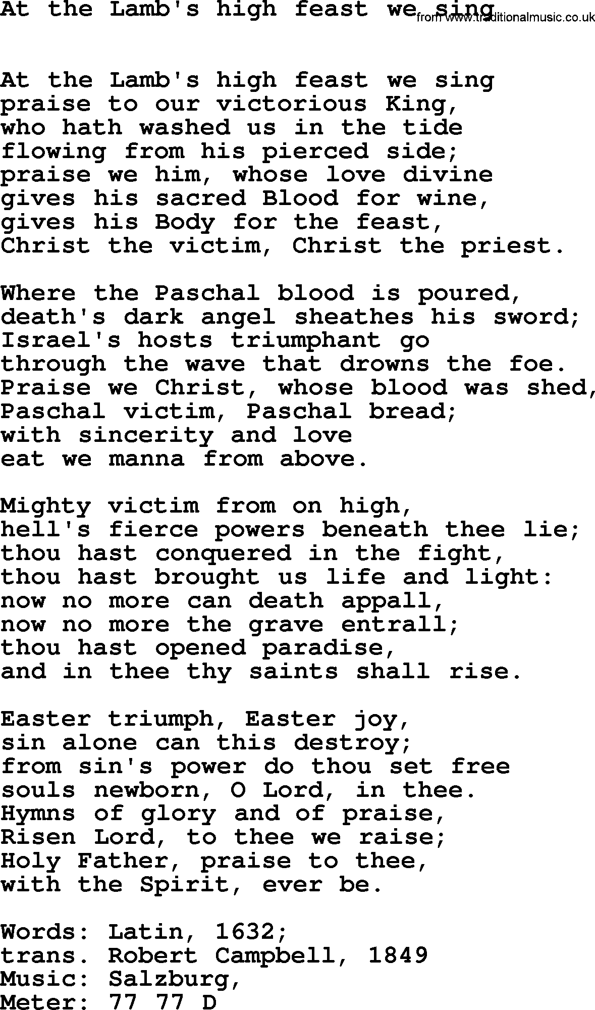 Book of Common Praise Hymn: At The Lamb's High Feast We Sing.txt lyrics with midi music