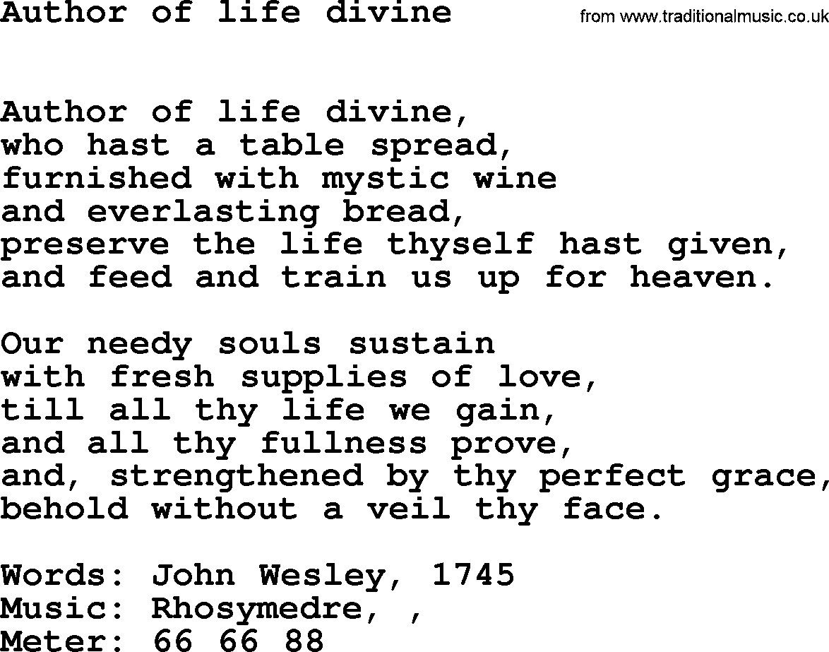 Book of Common Praise Hymn: Author Of Life Divine.txt lyrics with midi music