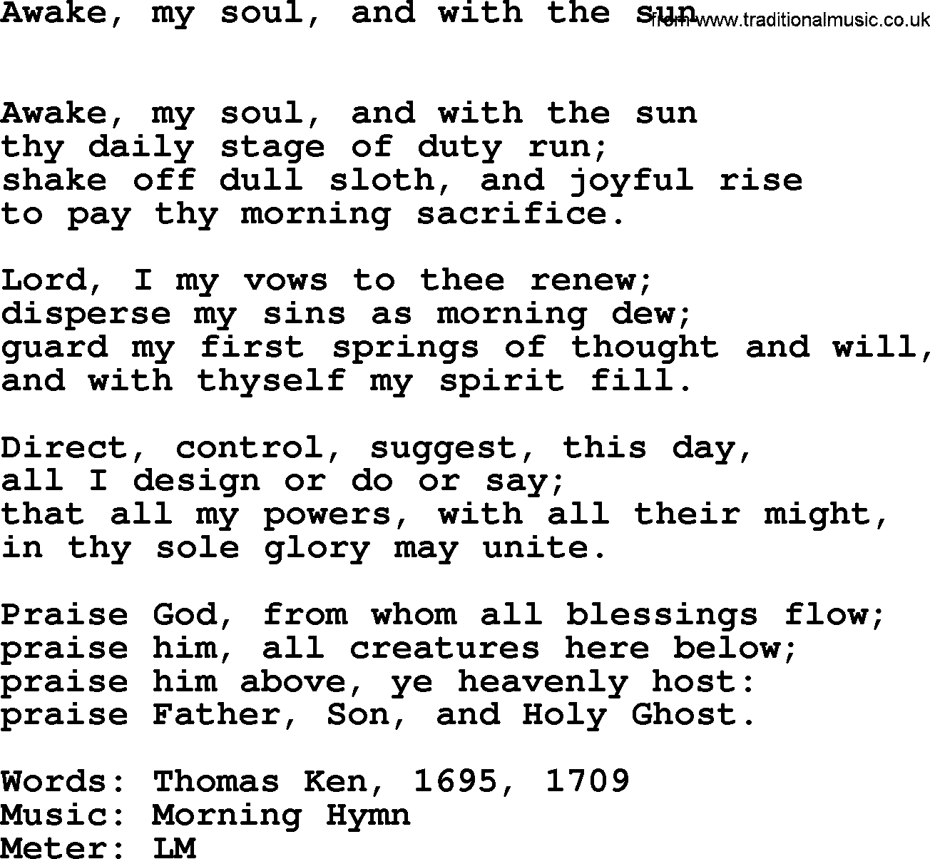 Book of Common Praise Hymn: Awake, My Soul, And With The Sun.txt lyrics with midi music