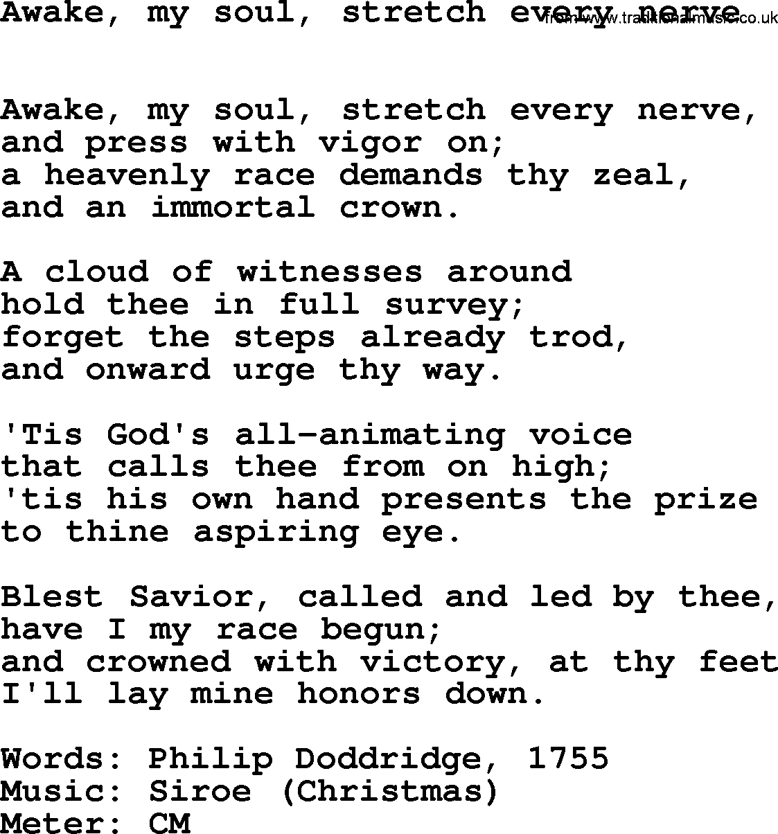 Book of Common Praise Hymn: Awake, My Soul, Stretch Every Nerve.txt lyrics with midi music