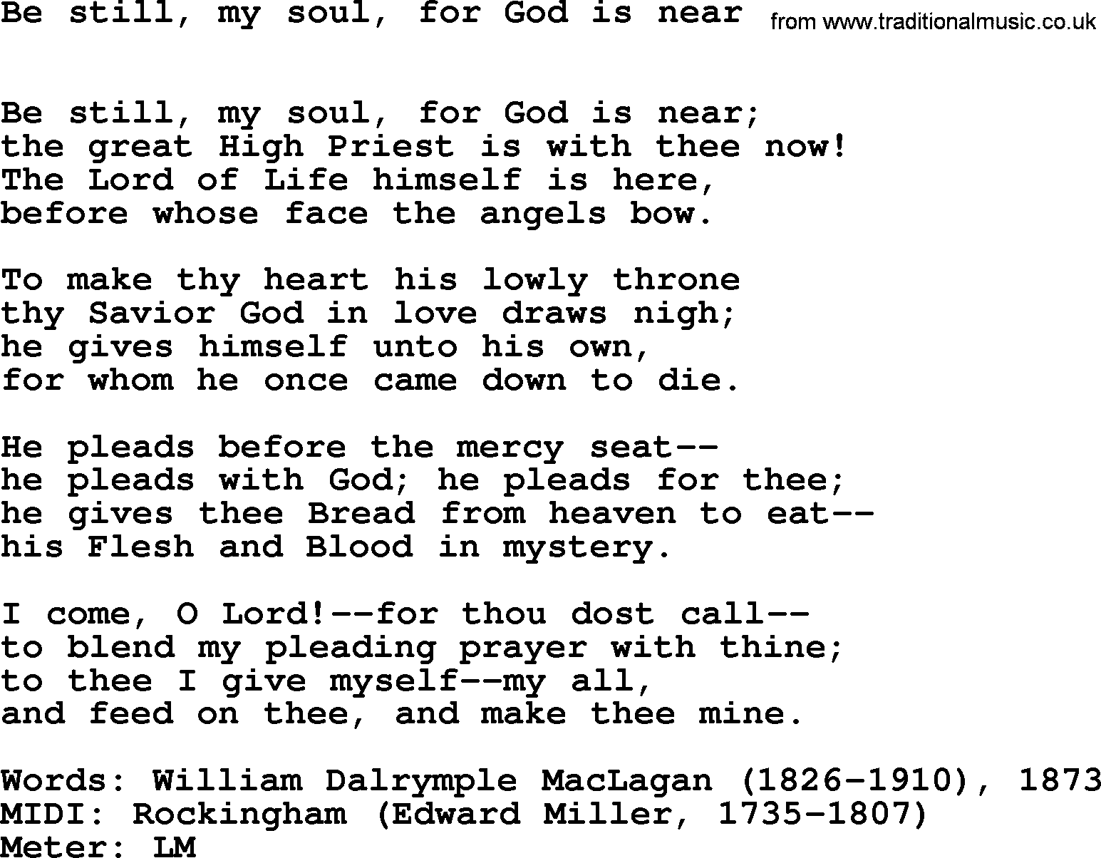 Book of Common Praise Hymn: Be Still, My Soul, For God Is Near.txt lyrics with midi music