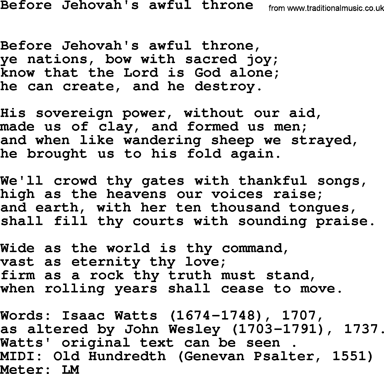 Book of Common Praise Hymn: Before Jehovah's Awful Throne.txt lyrics with midi music