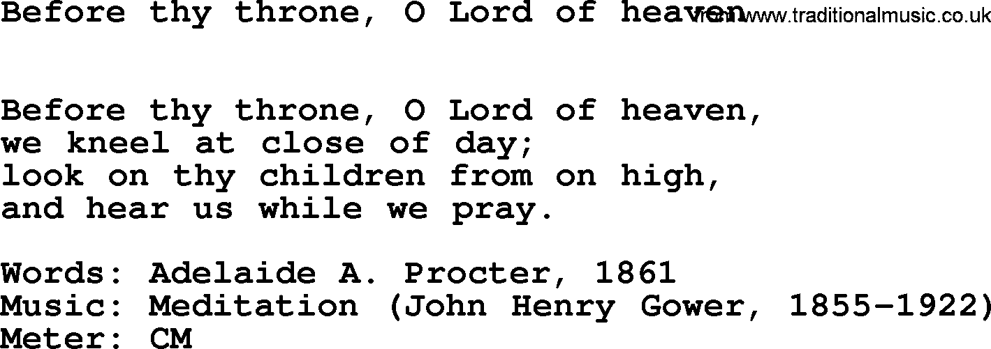Book of Common Praise Hymn: Before Thy Throne, O Lord Of Heaven.txt lyrics with midi music