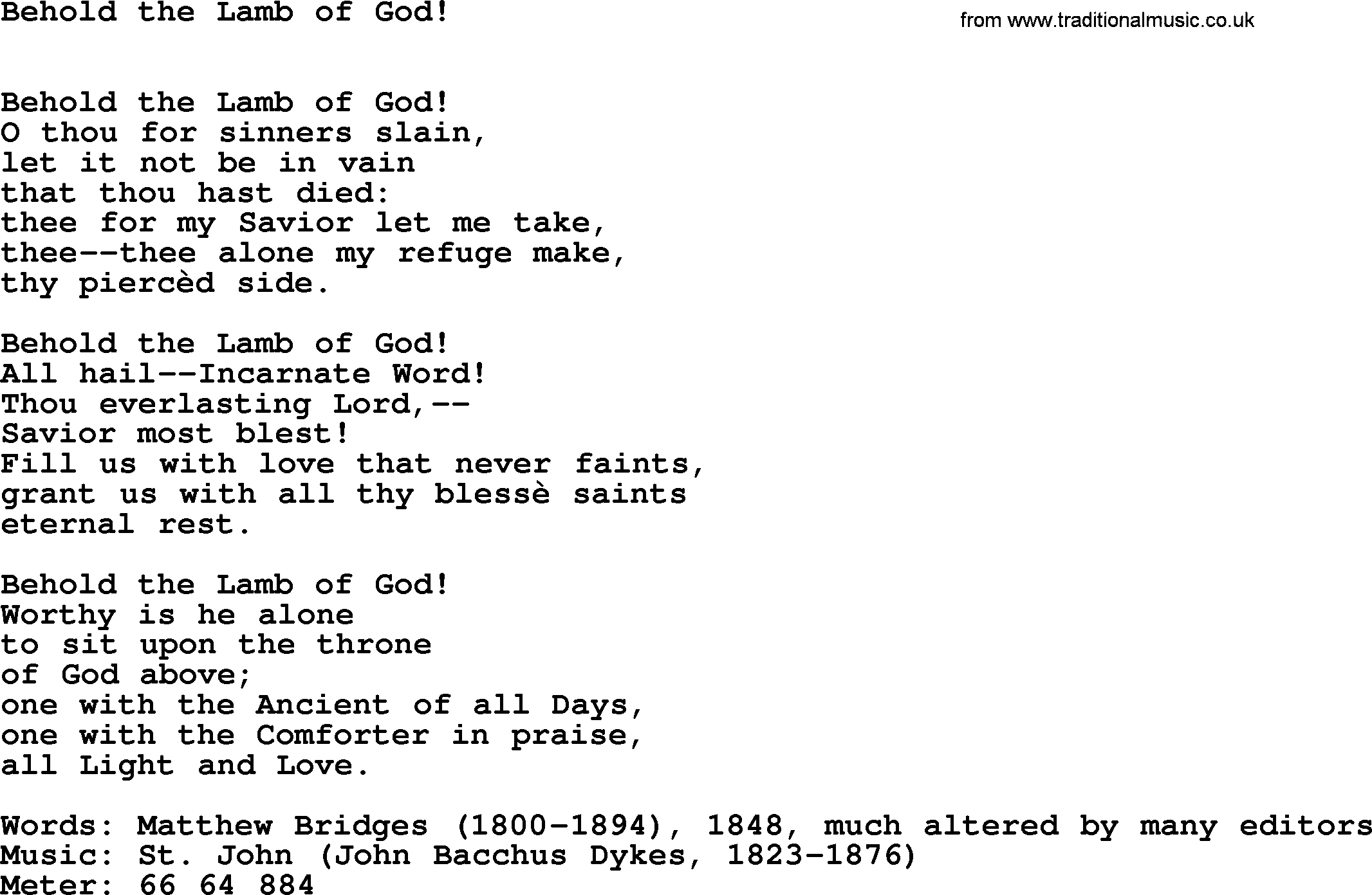 Book of Common Praise Hymn: Behold The Lamb Of God!.txt lyrics with midi music