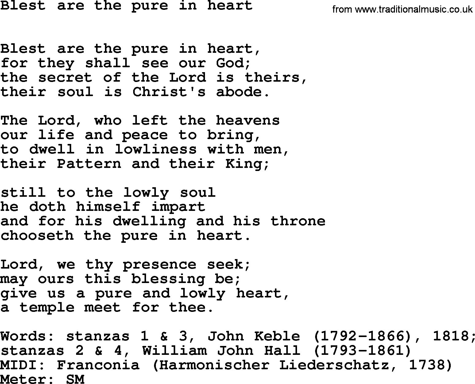 Book of Common Praise Hymn: Blest Are The Pure In Heart.txt lyrics with midi music