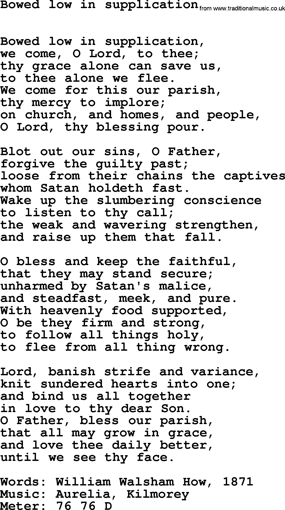 Book of Common Praise Hymn: Bowed Low In Supplication.txt lyrics with midi music
