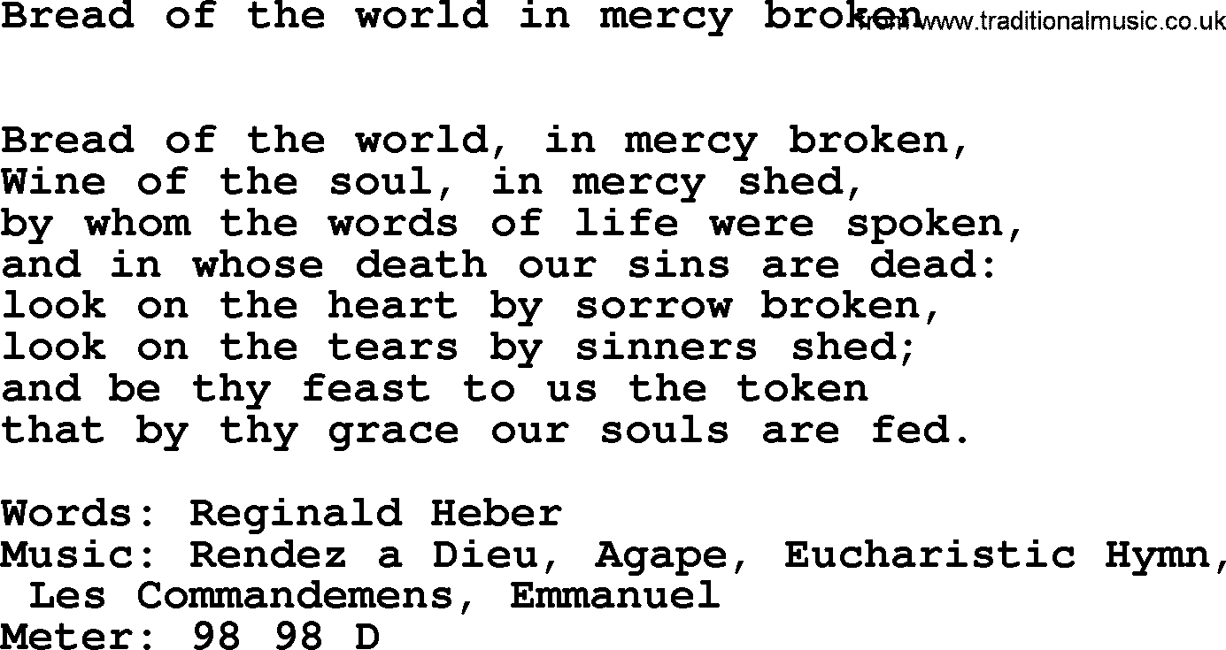 Book of Common Praise Hymn: Bread Of The World In Mercy Broken.txt lyrics with midi music