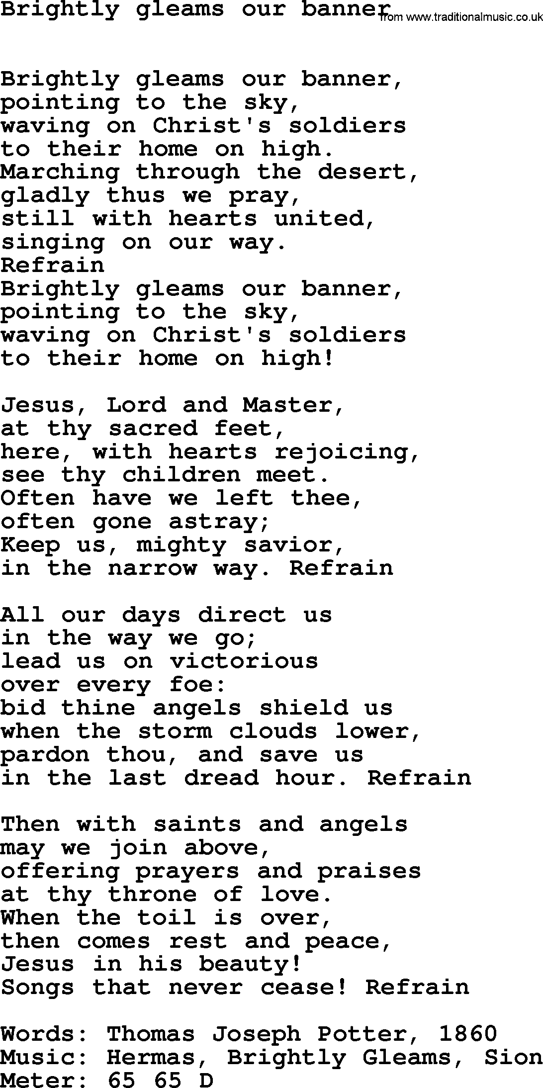 Book of Common Praise Hymn: Brightly Gleams Our Banner.txt lyrics with midi music