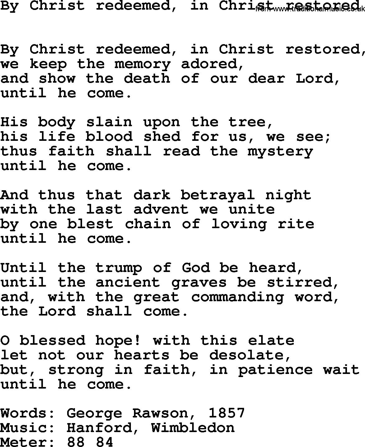 Book of Common Praise Hymn: By Christ Redeemed, In Christ Restored.txt lyrics with midi music
