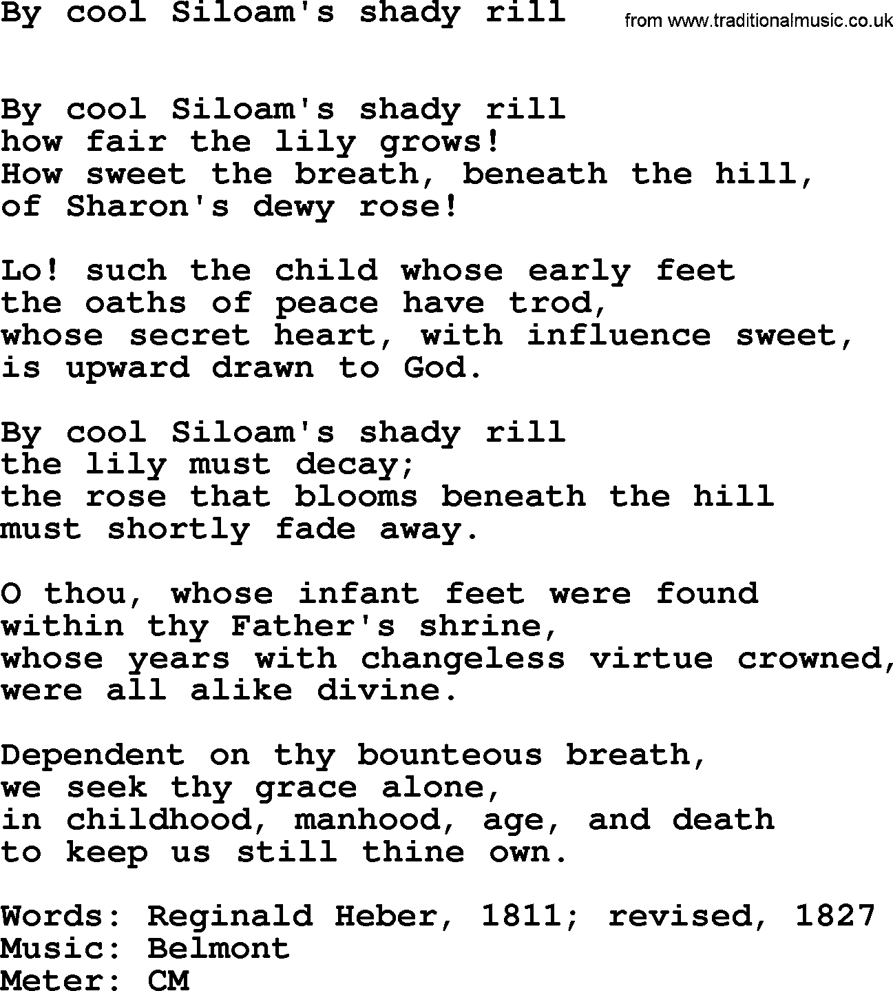 Book of Common Praise Hymn: By Cool Siloam's Shady Rill.txt lyrics with midi music