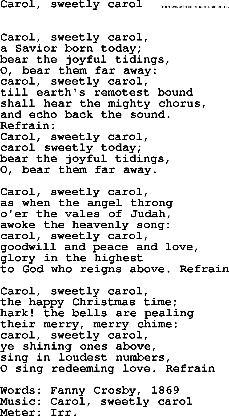 Book of Common Praise Hymn: Carol, Sweetly Carol.txt lyrics with midi music