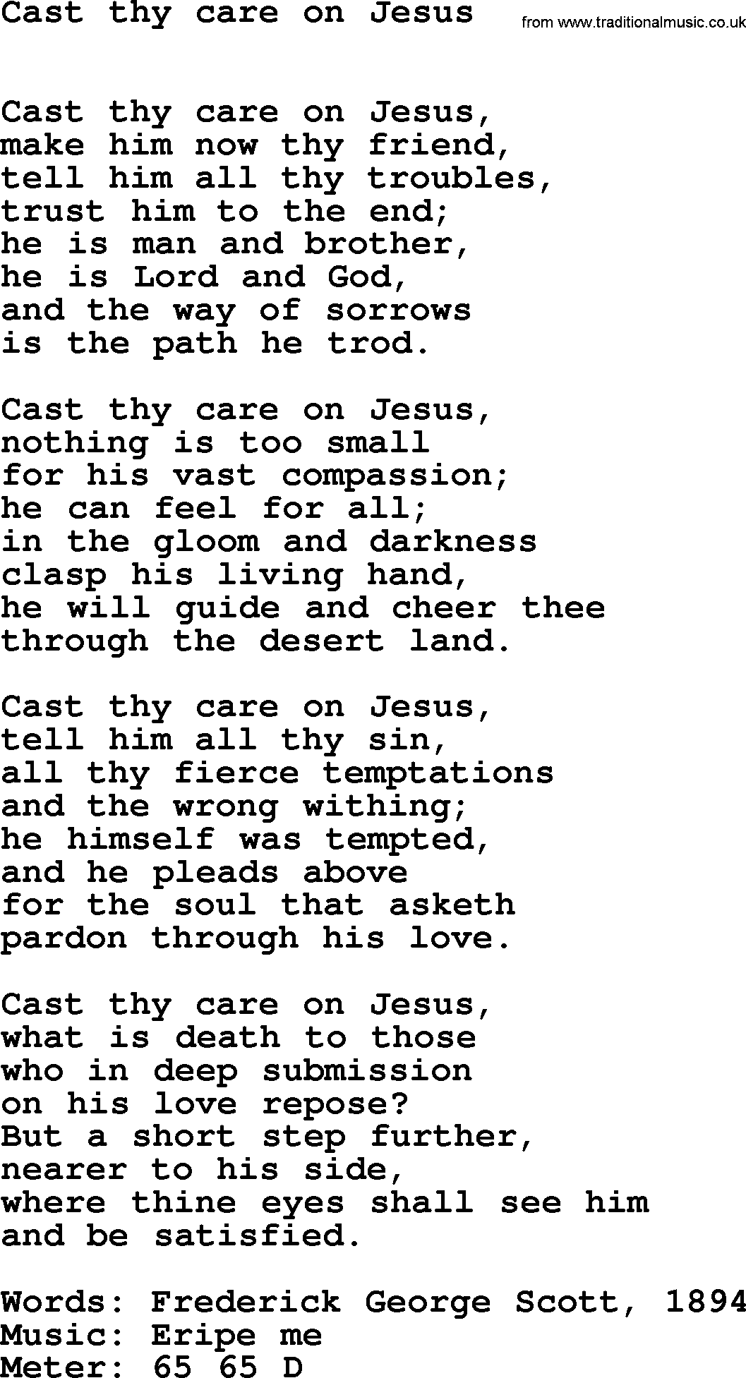 Book of Common Praise Hymn: Cast Thy Care On Jesus.txt lyrics with midi music
