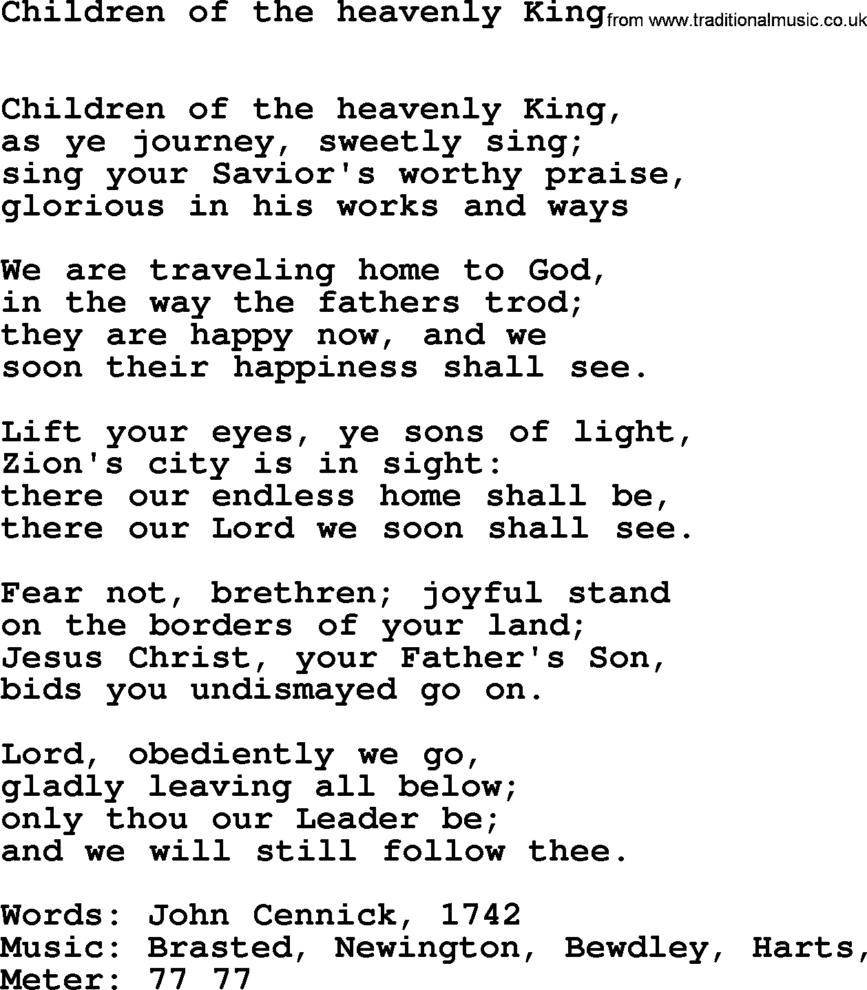 Book of Common Praise Hymn: Children Of The Heavenly King.txt lyrics with midi music