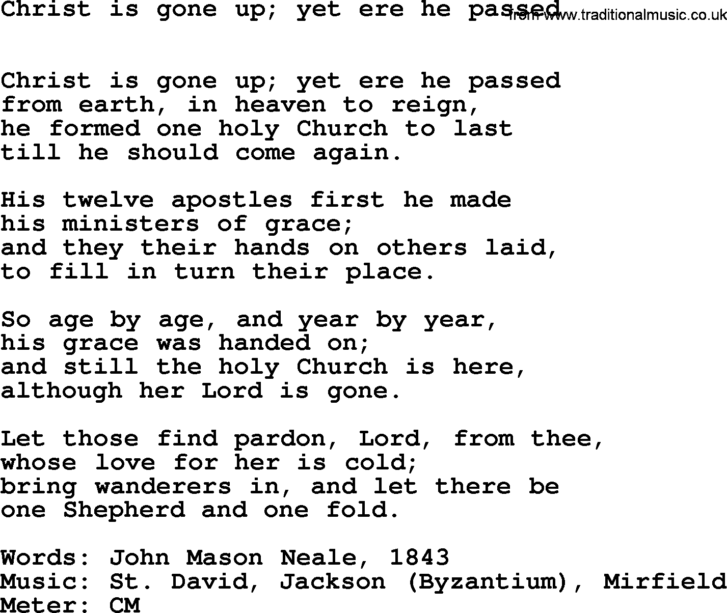 Book of Common Praise Hymn: Christ Is Gone Up; Yet Ere He Passed.txt lyrics with midi music